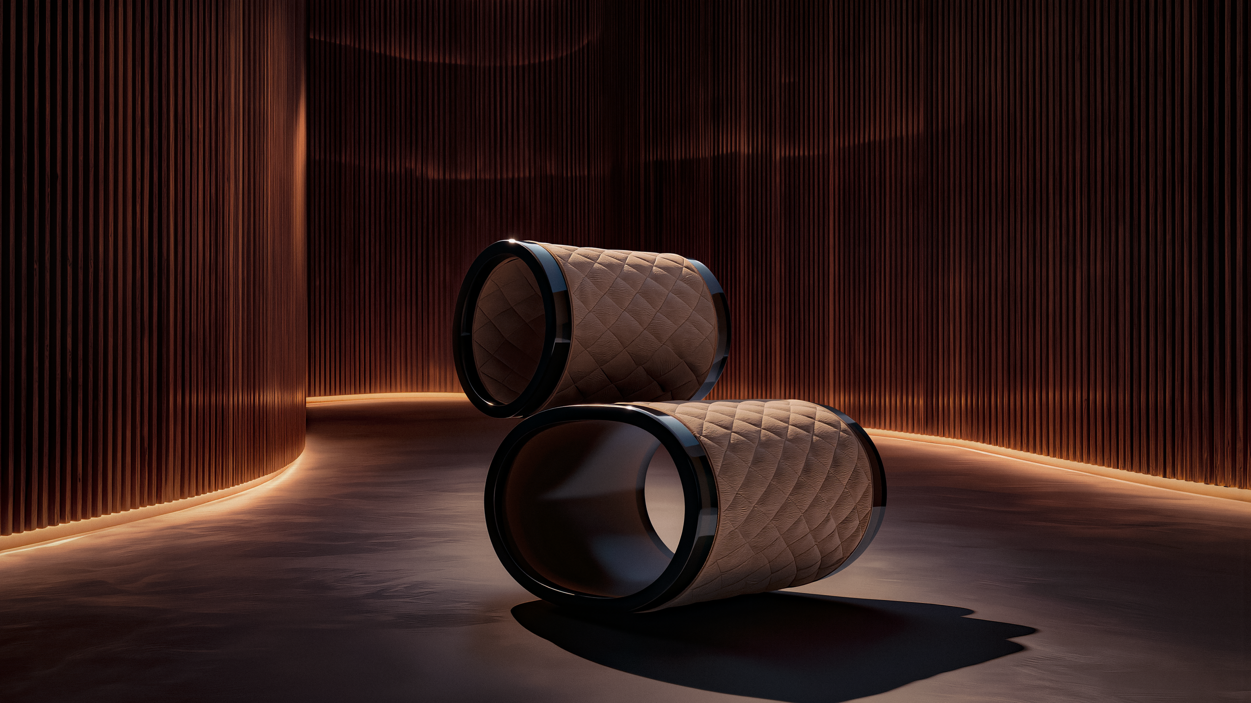 Two modern stools with quilted brown upholstery and black curved bases in a dimly lit room with wooden paneled walls and subtle lighting along the edges of the floor.