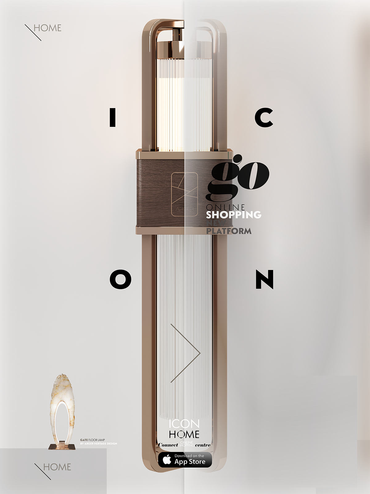 Vertical digital display advertising an online shopping platform called 'ICON HOME', with a modern lamp at the bottom and a split background showing different shades of white and beige.