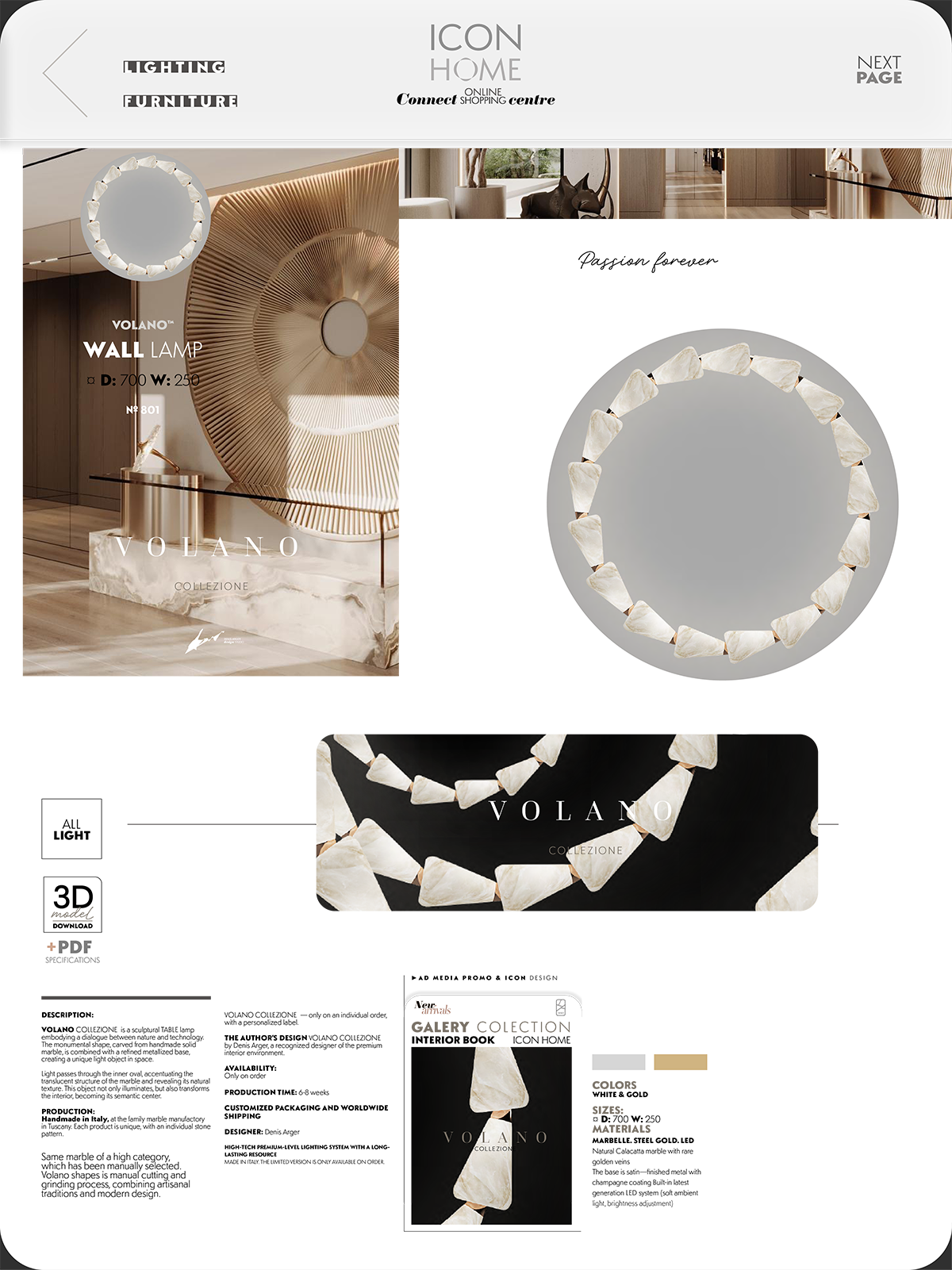 An online shopping webpage for walls and lighting fixtures featuring a round wall lamp with a white, rock-like border, a modern interior design setting, and multiple images of the lamp displayed.