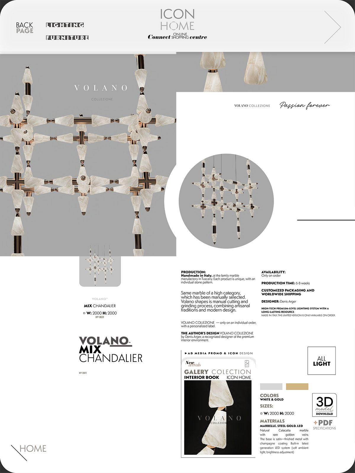 A lighting fixture named 'Volano' from the ICON HOME collection featuring a chandelier with multiple white stone-like pieces connected by dark metal rods, designed for home decor.
