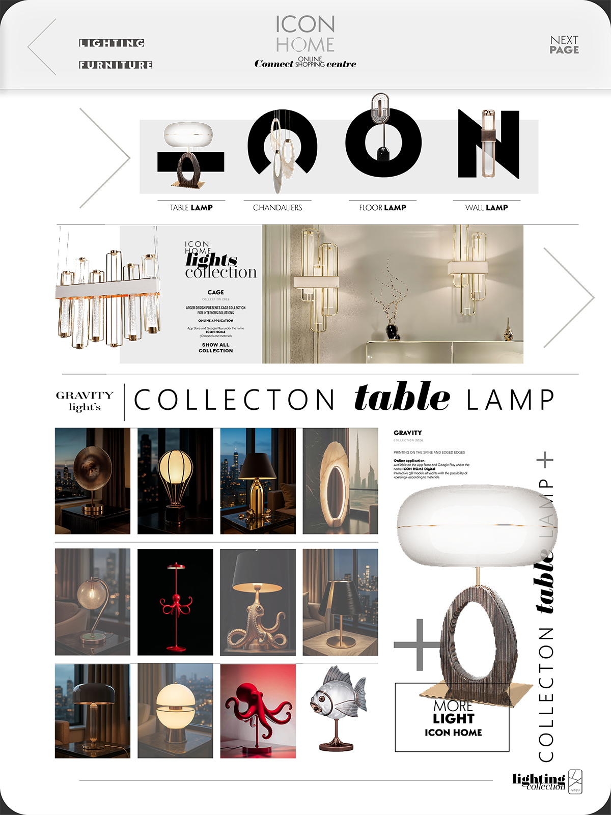 Display of various modern home lighting fixtures, including table lamps, chandeliers, floor lamps, and wall lamps, with some decorative lighting artworks and designs.