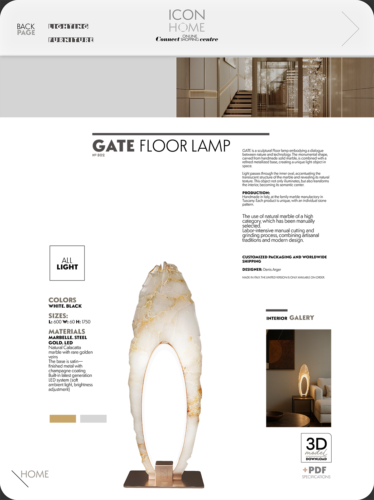 A website layout for ICON HOME, featuring a marble oval-shaped mirror with backlit lighting, a modern living room with a white sectional sofa and a circular mirror on a side table, and various sections for home furniture and design options.