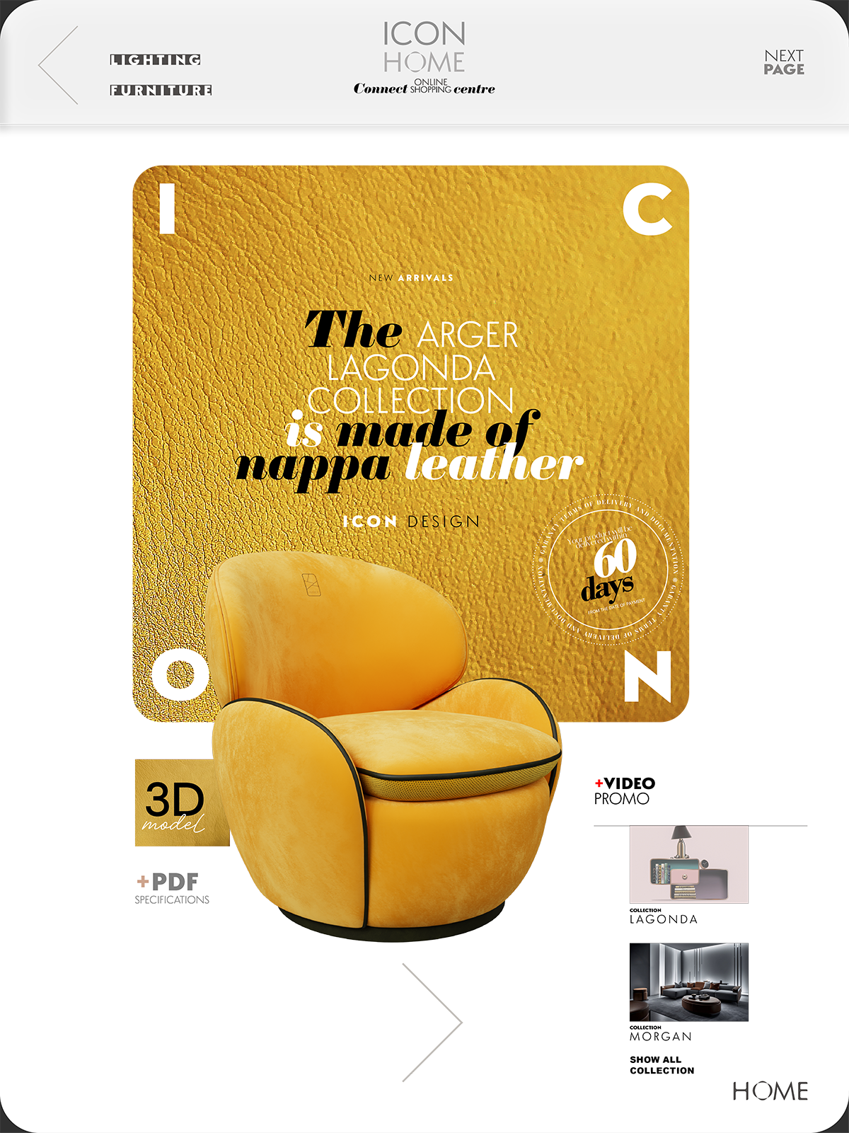 An advertisement webpage featuring a yellow upholstered armchair made of nappa leather. Text highlights the collection made of nappa leather, with a note about 60 days delivery. Additional small images show other home furniture and accessories.