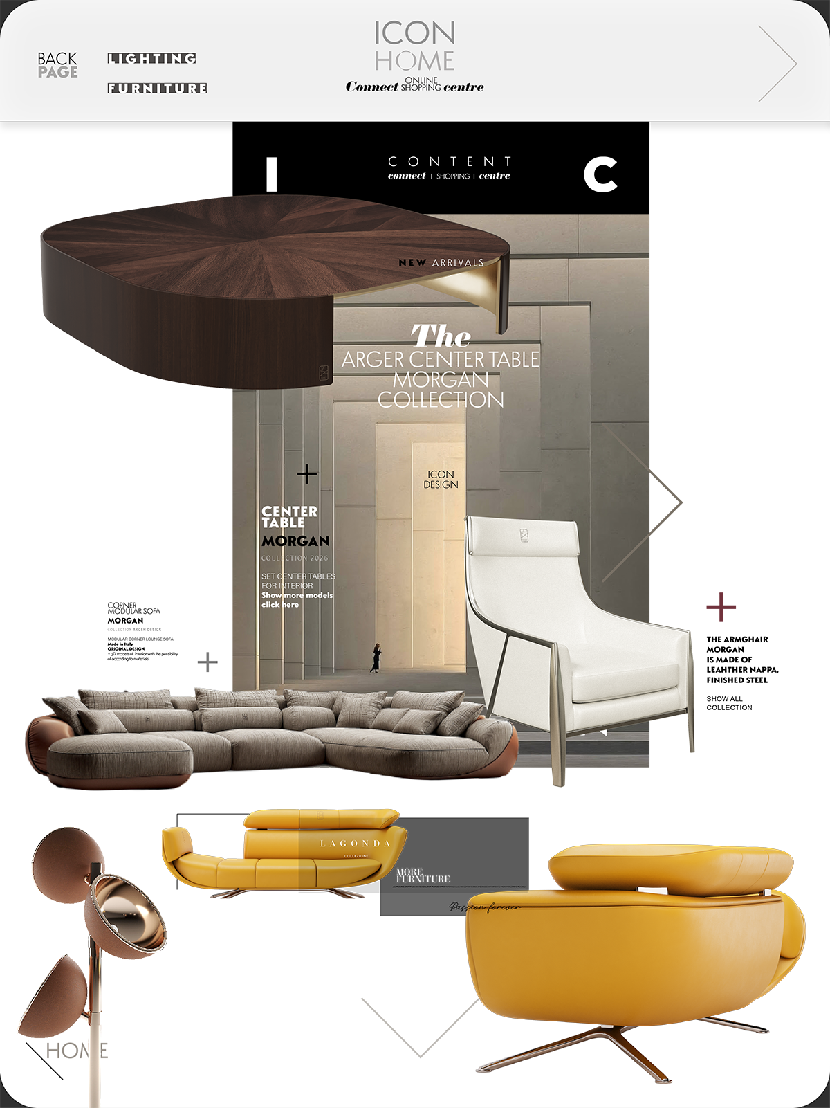 A collage of modern furniture including a beige sectional sofa, a white armchair, a yellow lounge chair, a floor lamp, and a round table, with a graphic background of architectural elements and text related to home decor and furniture collections.