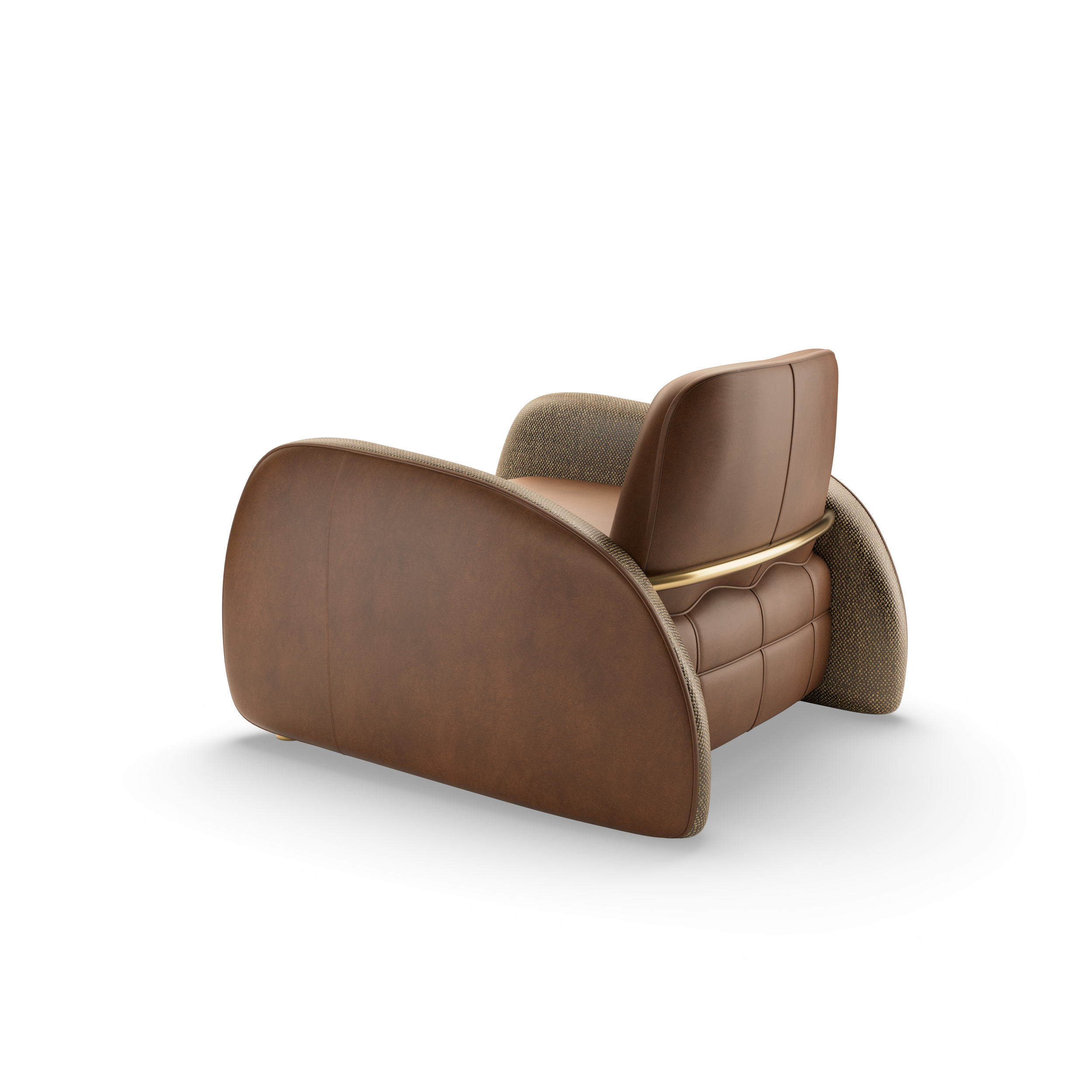 Brown leather and fabric armchair viewed from the back, with curved design and gold trim detail.