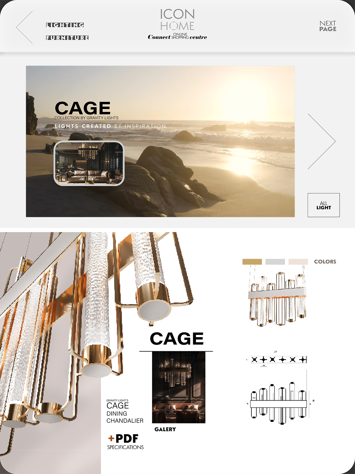 Website homepage for Icon Home, featuring furniture and lighting products, including a banner with a beach scene and interior lighting displays.