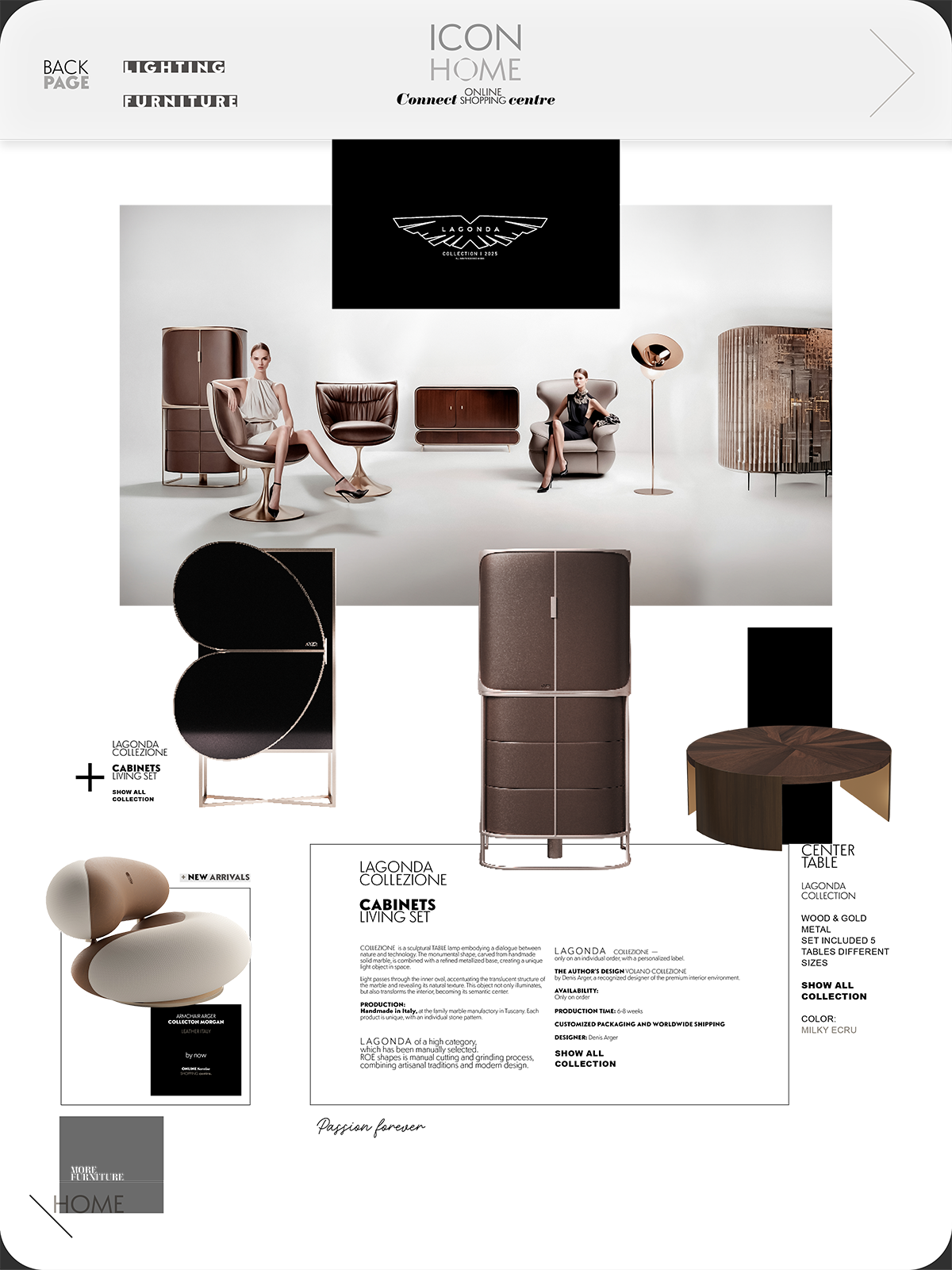 Display of modern furniture including chairs, cabinets, a lamp, and a side table, with two women seated among the furniture, in a showroom or catalog setting.