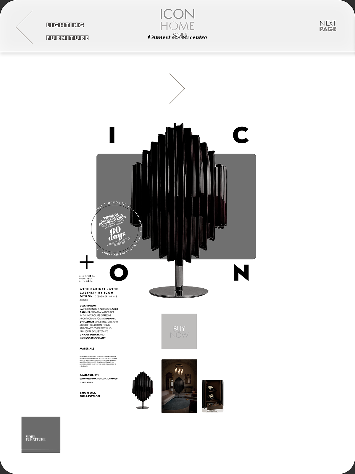 A modern black and brown sculptural lamp with a circular base, featured in an online furniture store advertisement. Includes a 'Buy Now' button and a smaller image of a room interior.