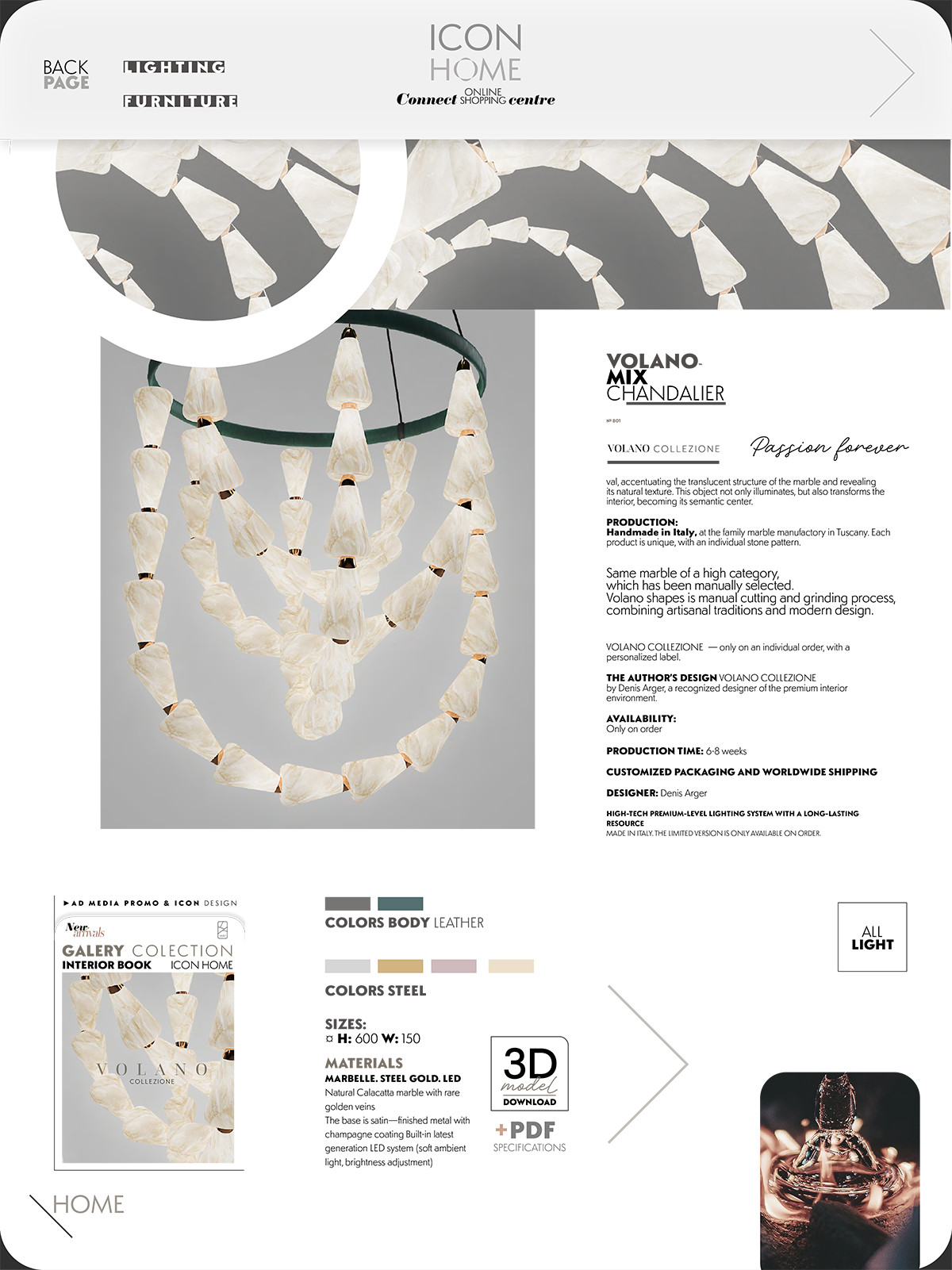 A website homepage featuring a modern chandelier with fabric-covered light fixtures and decorative pendant lights, with various navigation and layout sections.
