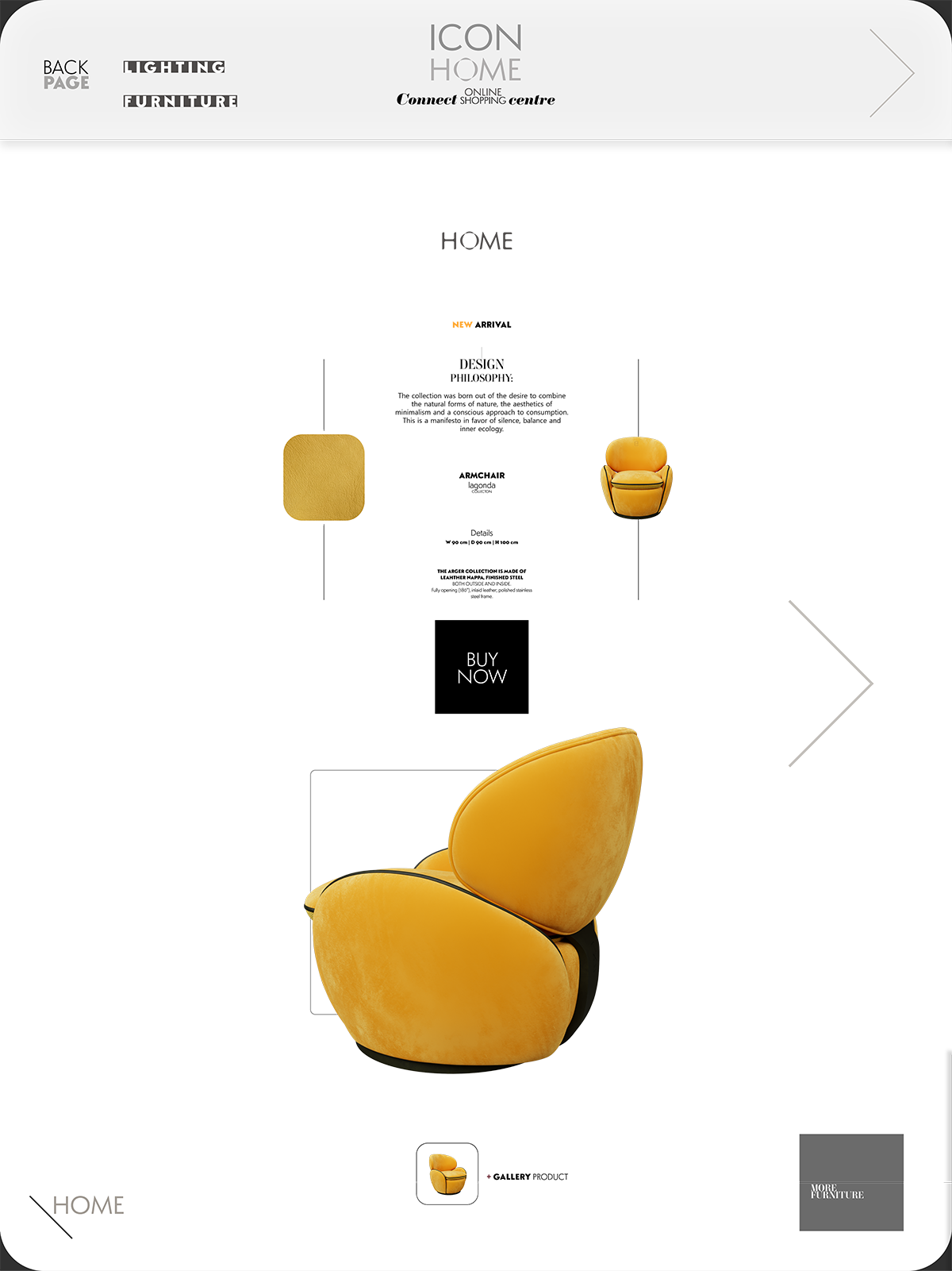 A furniture advertisement featuring a yellow armchair with black accents and a smooth, rounded design, displayed from different angles on a modern website layout.