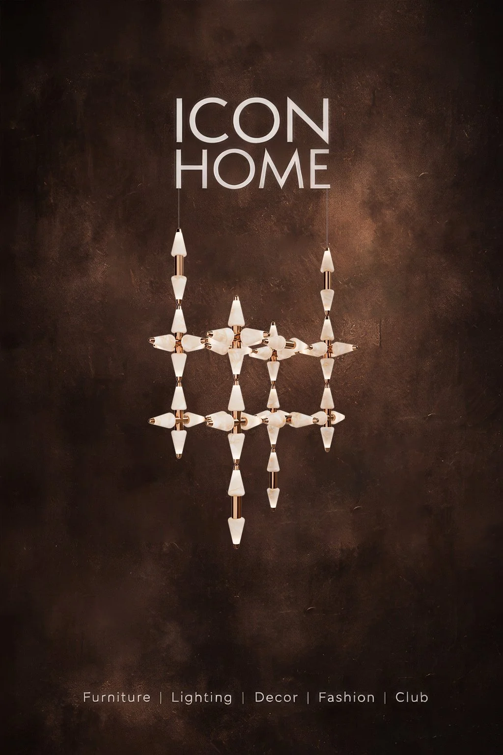 A chandelier with white cone-shaped shades hanging from a dark textured wall. The words 'ICON HOME' are above the chandelier, with smaller text at the bottom reading 'Furniture | Lighting | Decor | Fashion | Club'.