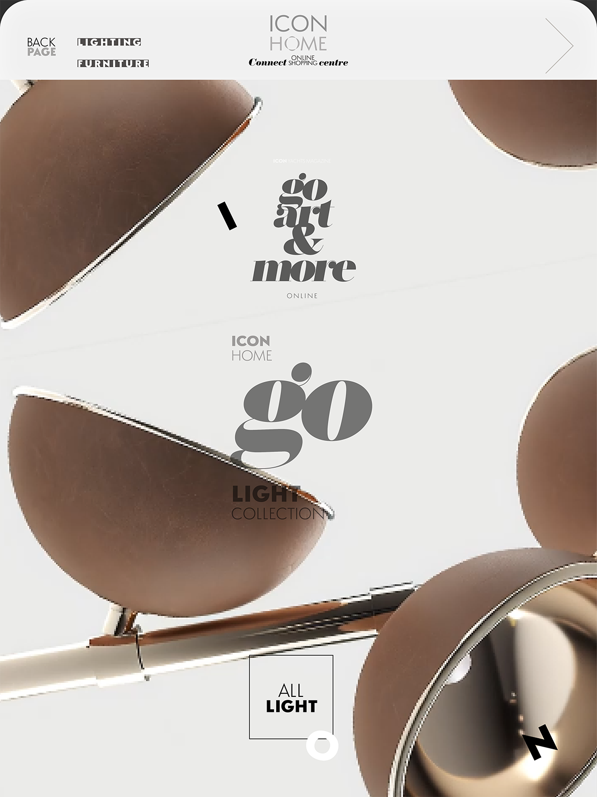 Modern homepage design for an online furniture store called ICON HOME, featuring abstract images of brown lamps and bold text reading 'go art & more' and 'go', with navigation options including 'BACK PAGE', 'LIGHTING', 'FURNITURE', and a section labe