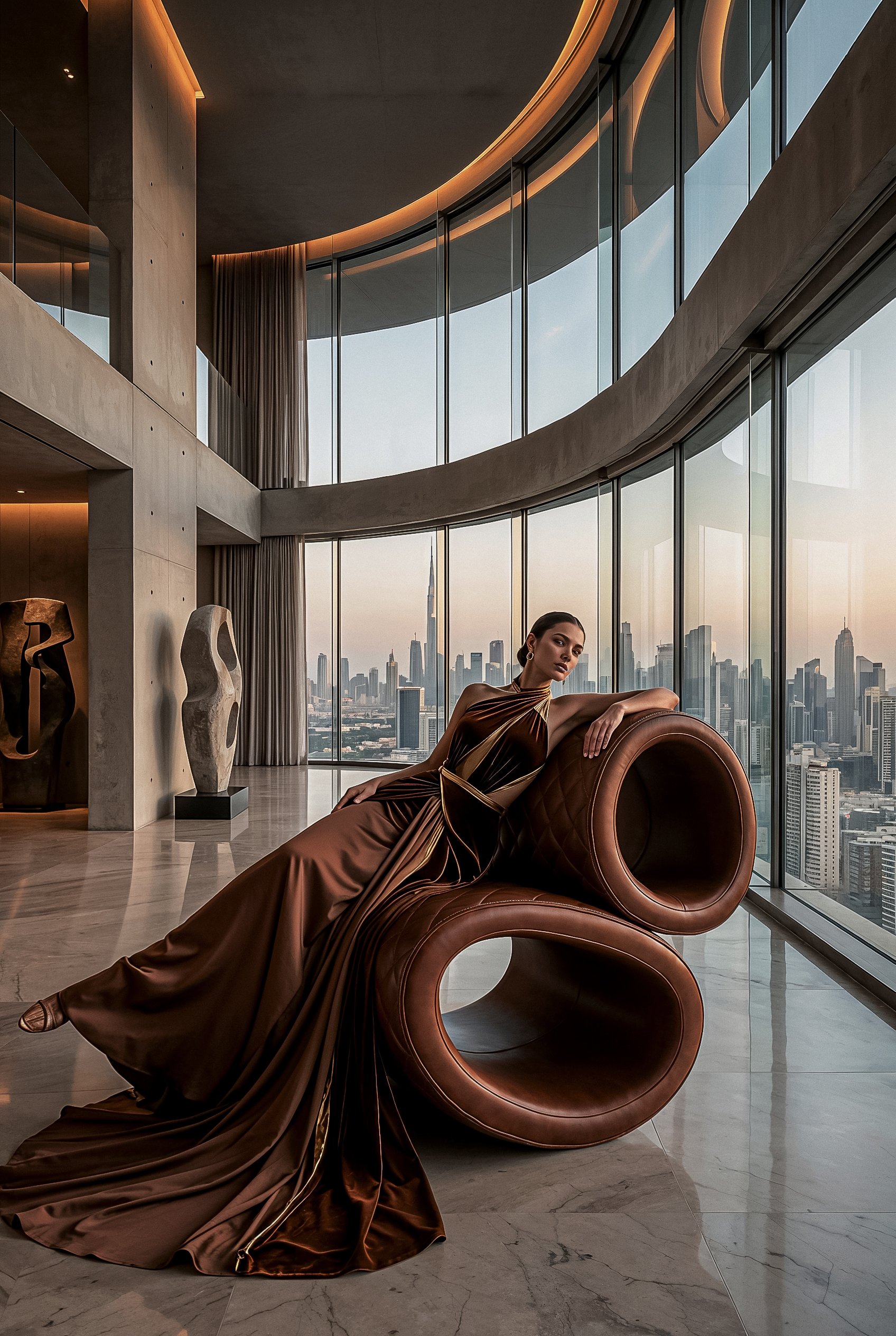A woman in a shiny brown dress reclining on a modern, curved leather lounge chair in a high-rise building with floor-to-ceiling windows showing a city skyline at sunset.