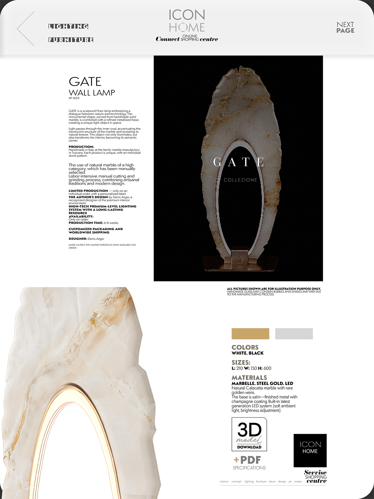 Homepage of ICON HOME online shopping center featuring a large decorative gate sculpture made of stone or similar material with a hollow center and metallic base, and navigation links for lighting and furniture.
