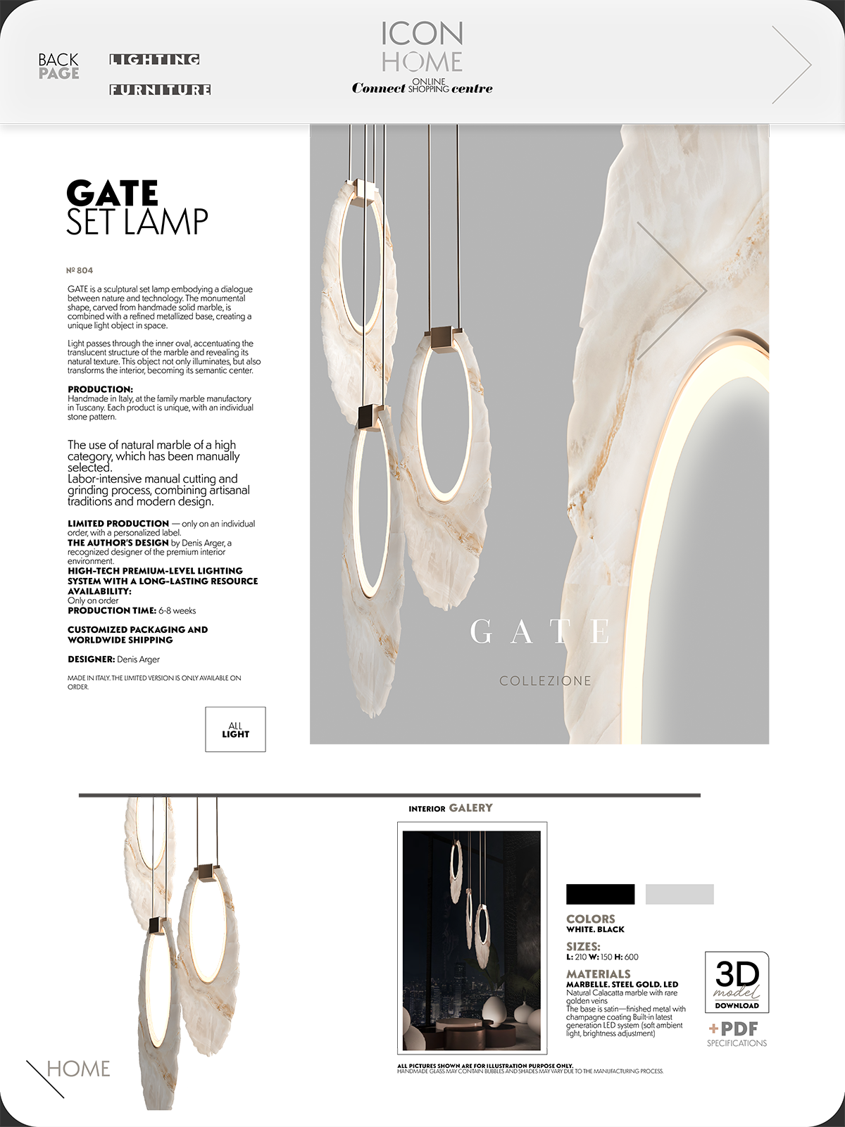 Online furniture store homepage featuring modern pendant lights and marble design elements.