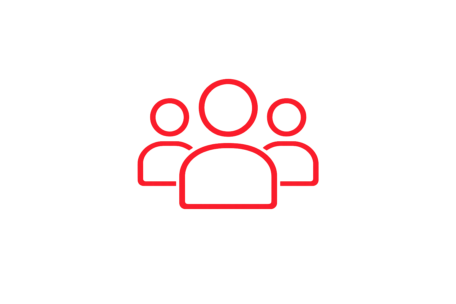 Red outline icon of three people representing a user group on a black background.