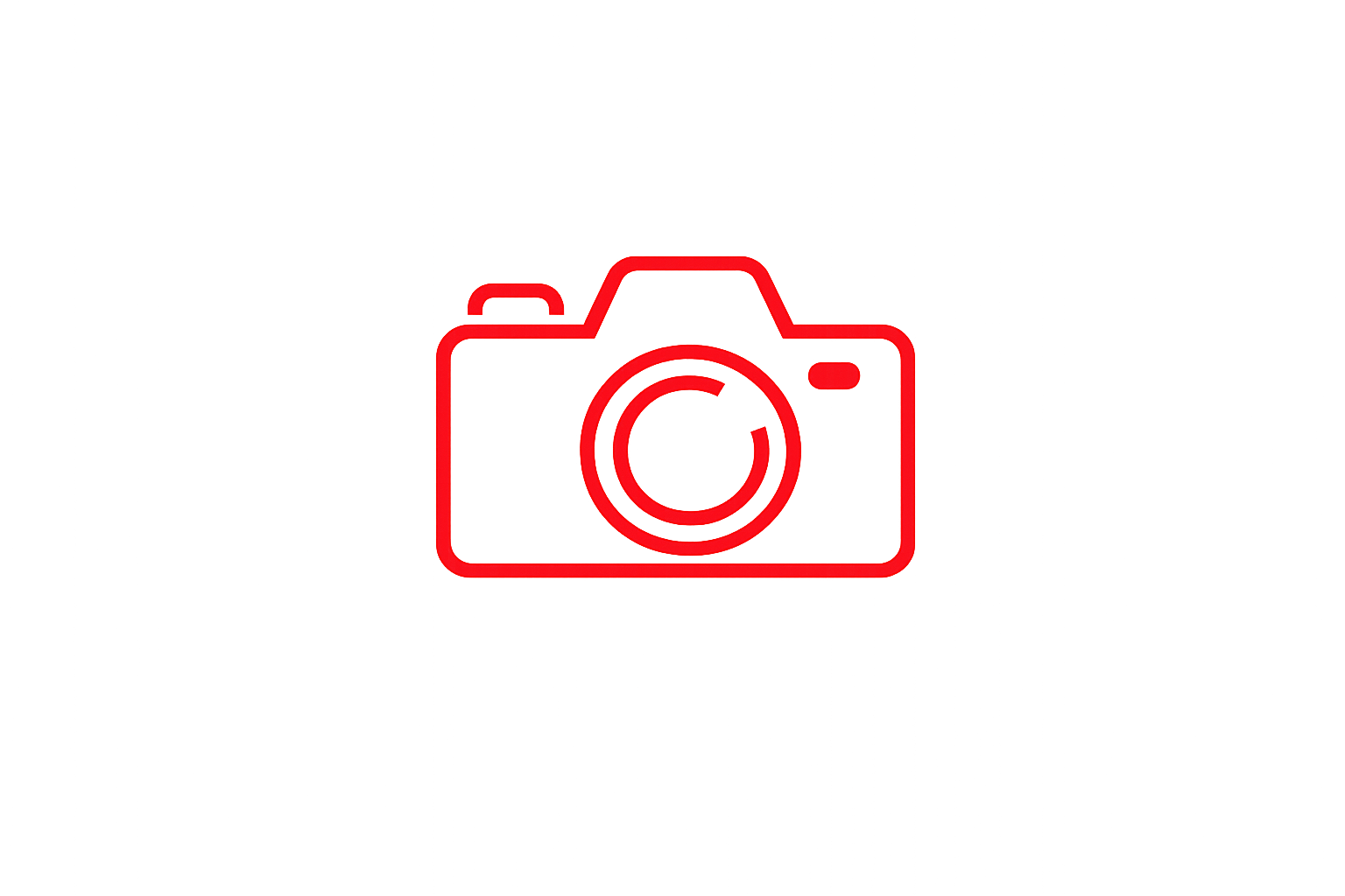 A neon red outline of a camera icon on a black background.