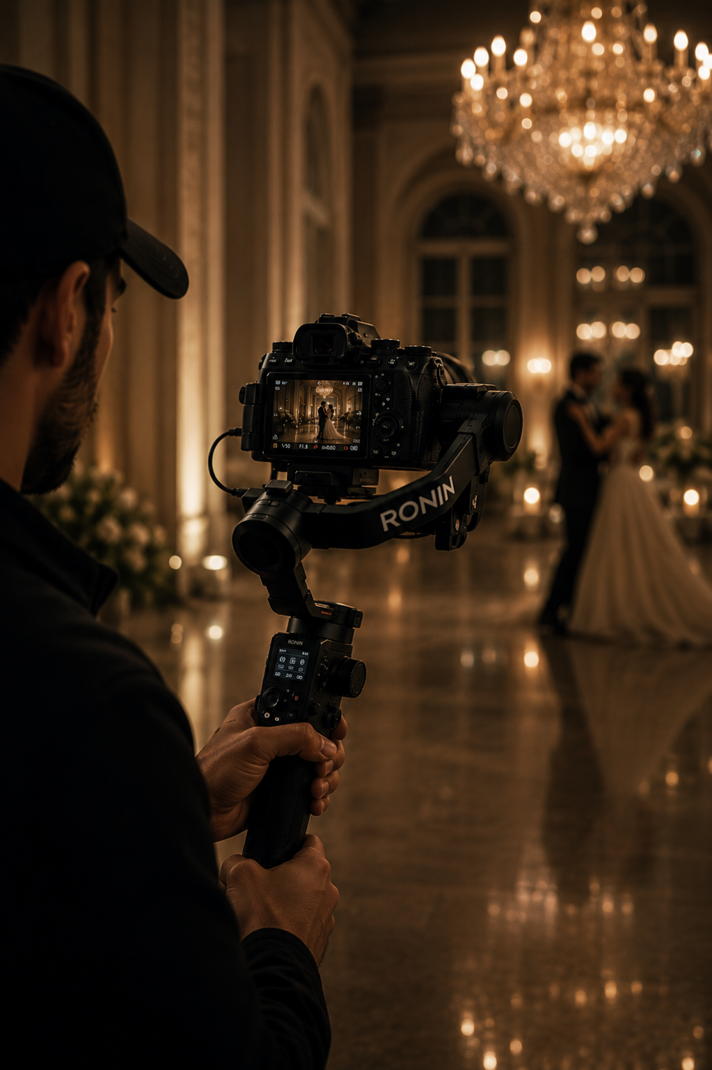 Photographer filming a wedding dance in an elegant ballroom with ornate architecture and a chandelier.