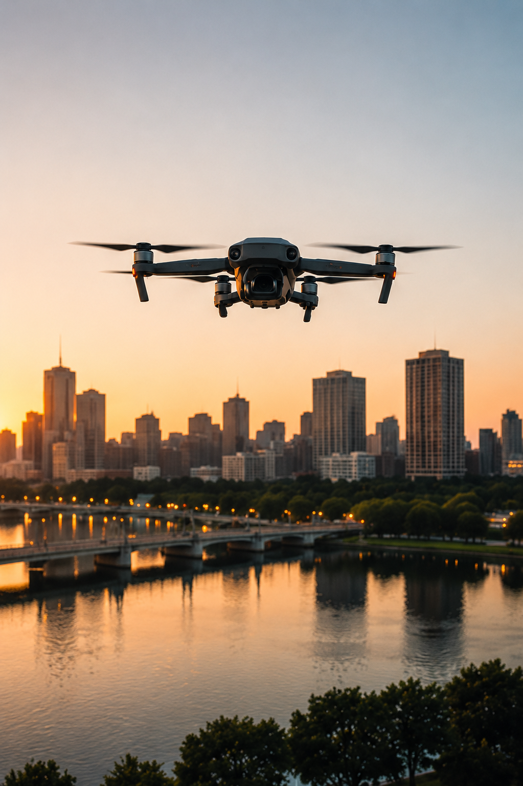 A drone flying over a city skyline at sunset, with tall buildings and a river below.