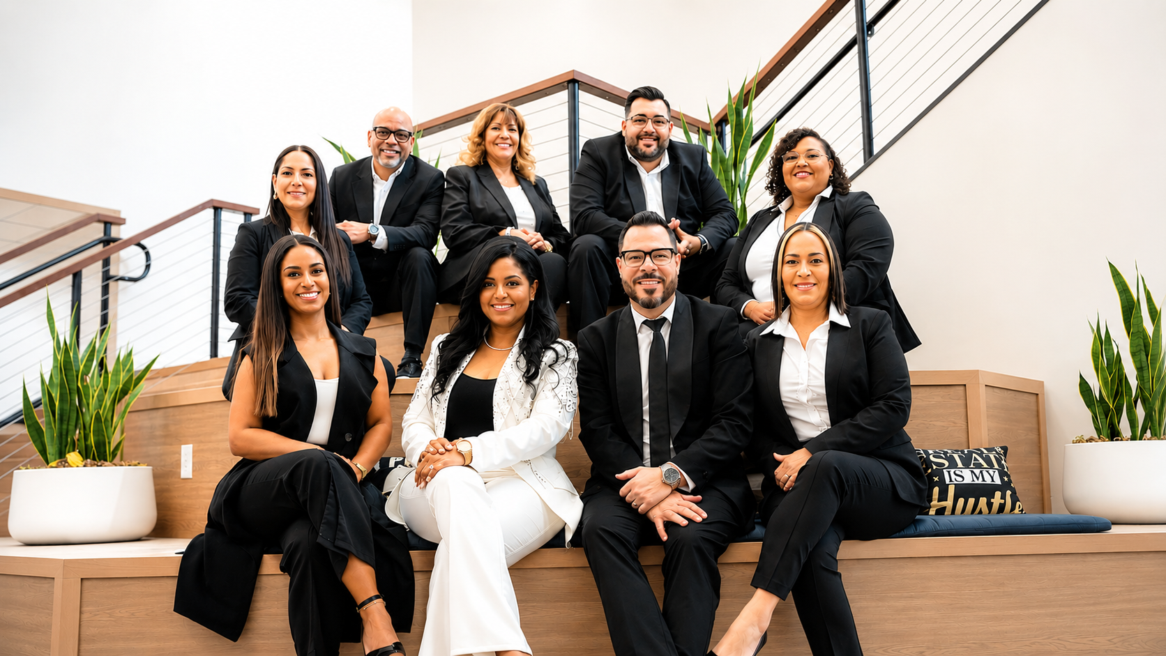 Group of diverse professionals in business attire sitting and standing on wooden steps with plants around them