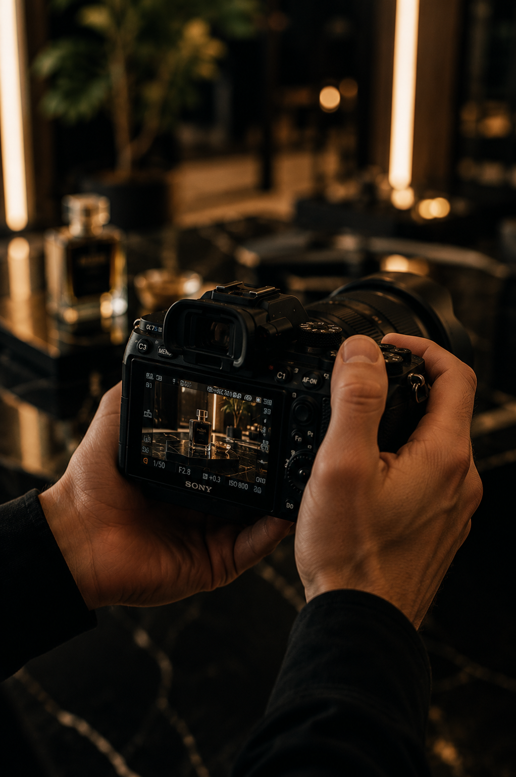A person holding a professional camera, capturing an image of a perfume bottle and a glass of whiskey on a table in a warmly lit room with plants in the background.