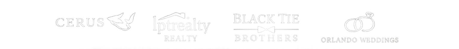 Logos of Cerus, IPT Realty, Black Tie Brothers, and Orlando Weddings, all in black and white against a black background.
