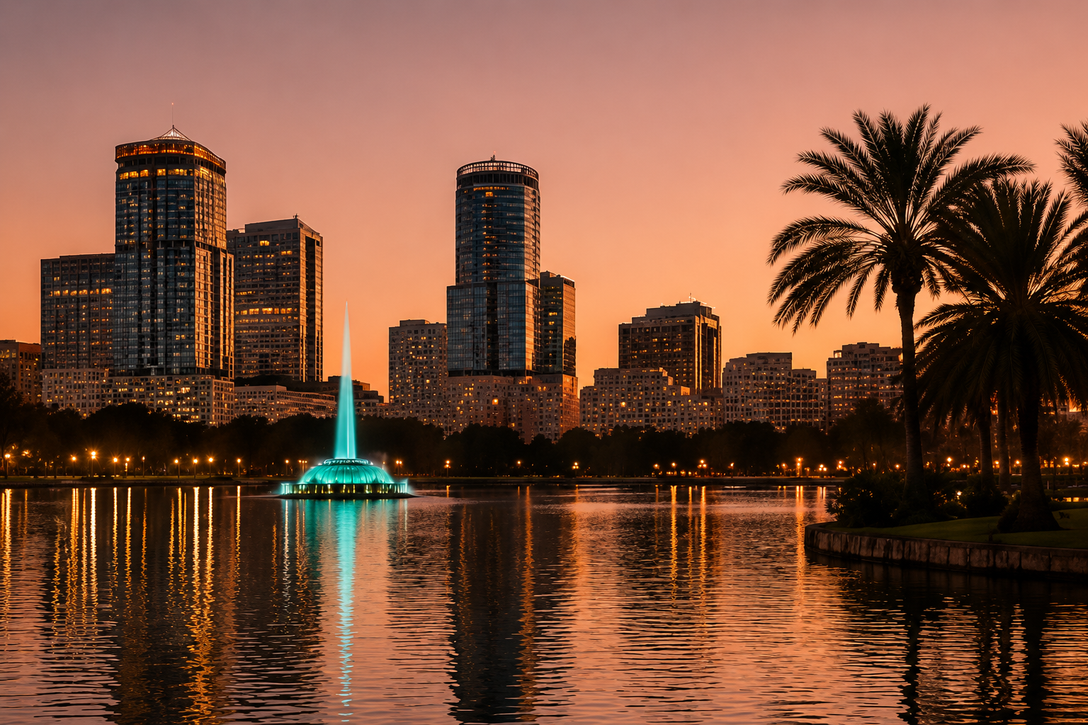 Sunset cityscape with tall modern buildings, a lit fountain in a lake, and palm trees on the right.
