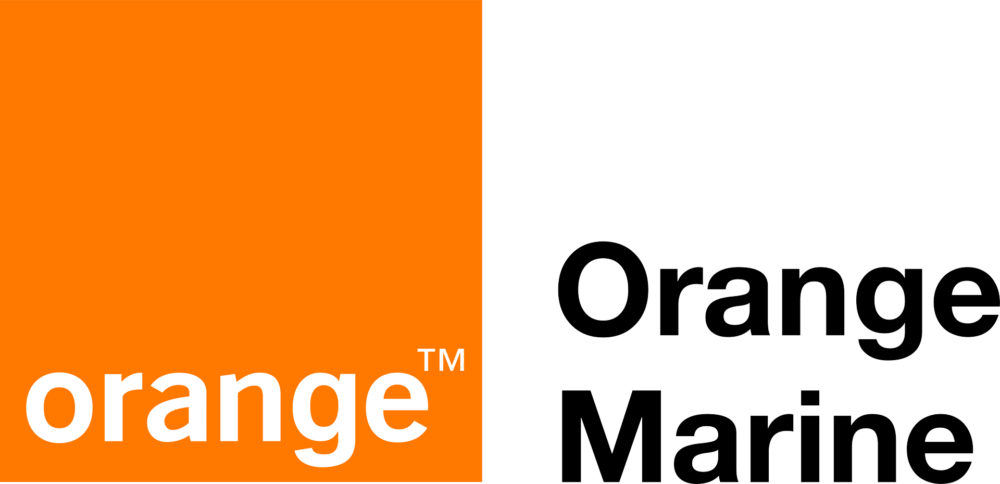 Logo with a large orange square featuring the word 'orange' in white lowercase text, and black text reading 'Orange Marine' beside it.