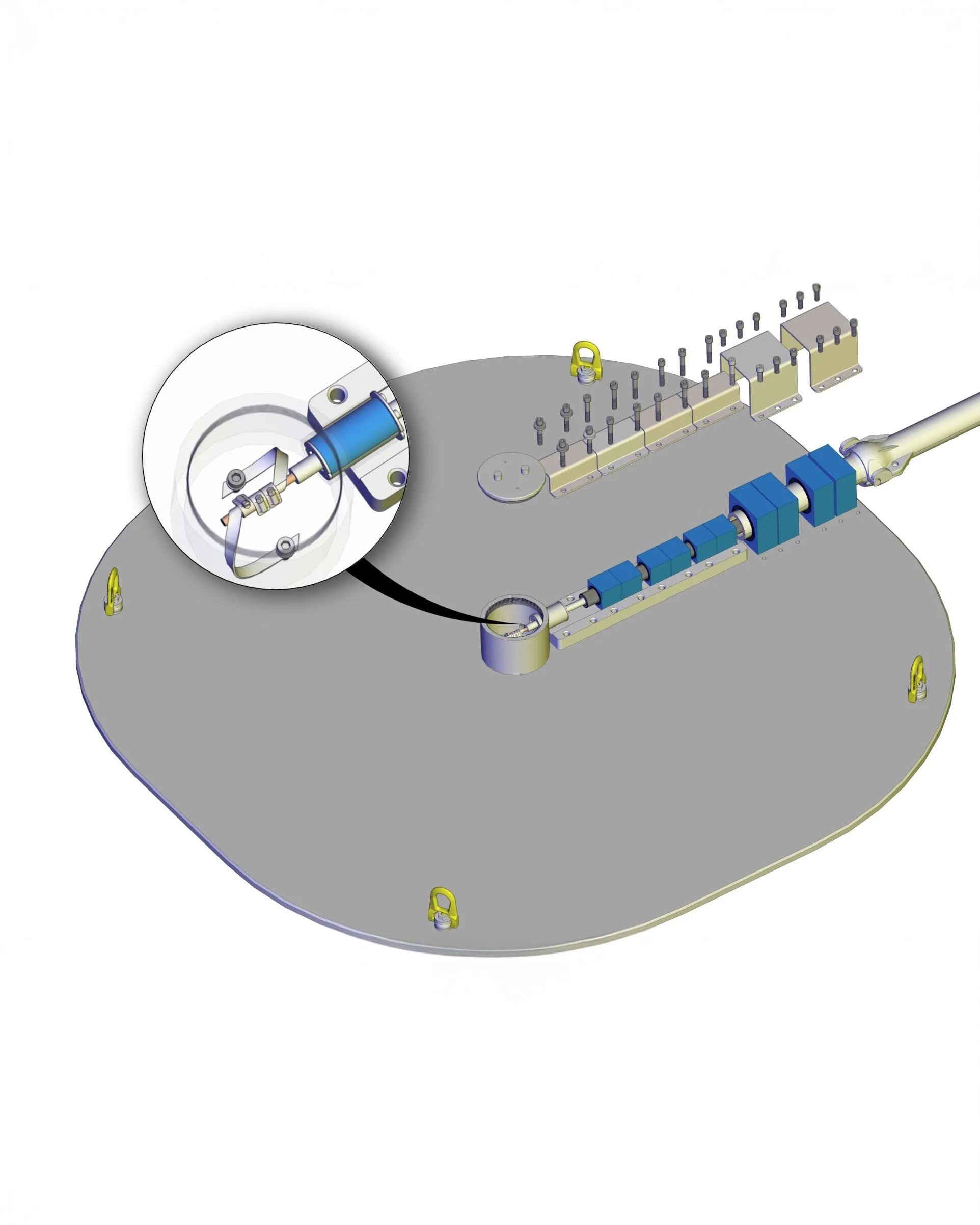 CAD illustration of a mechanical assembly with a circular base, a linear rail system with blue blocks, multiple screws, and a zoomed-in section showing a specific component.