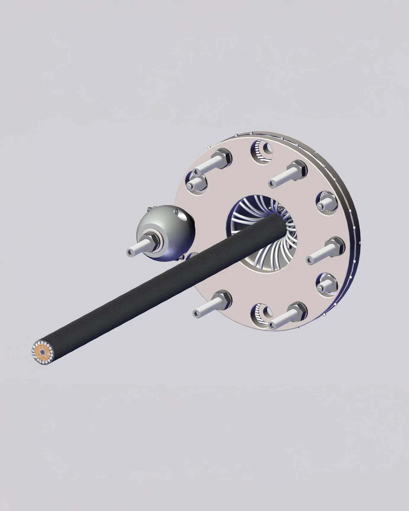 Illustration of machine parts including a large black shaft, a circular metal component with bolts, a smaller sphere, and various internal and external mechanical parts on a light gray background.