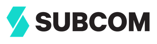 SUBCOM logo featuring a stylized blue 'S' followed by the word 'SUBCOM' in black text