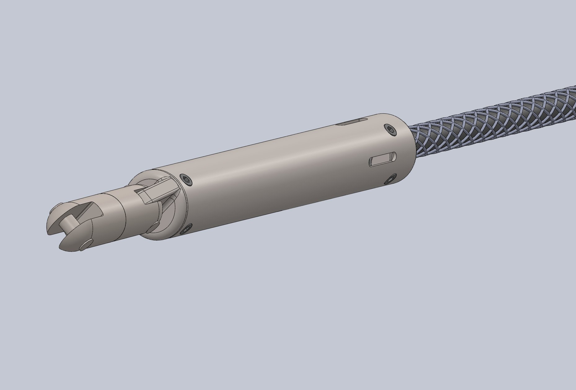 A detailed 3D model of a robotic device with a cylindrical body, a mechanical gripping claw at the front, and a long, woven, flexible arm extending from the body.