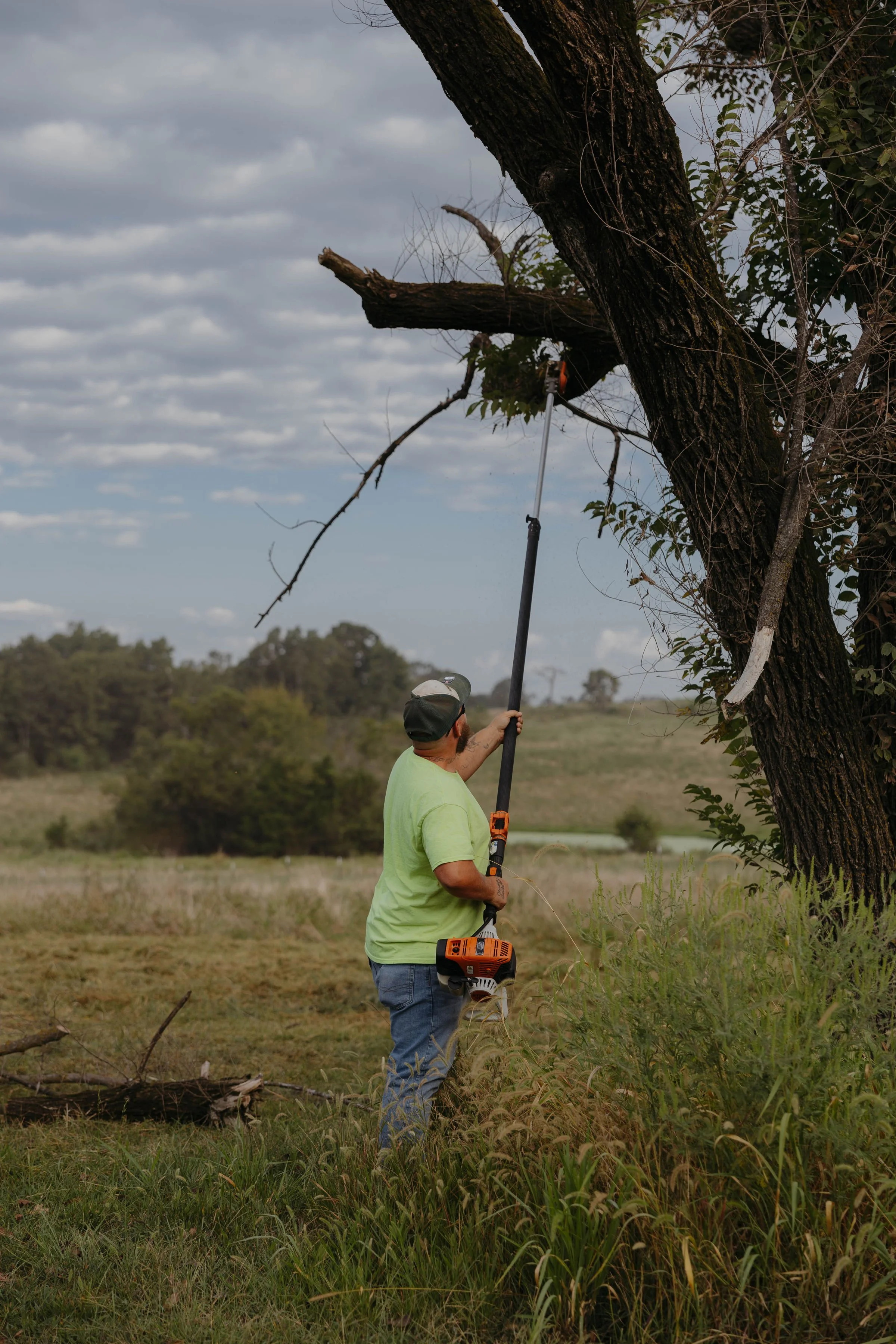 A man in a green shirt and baseball cap using a pole saw to cut a large branch off a tree in a grassy field with trees in the distance and a cloudy sky overhead.