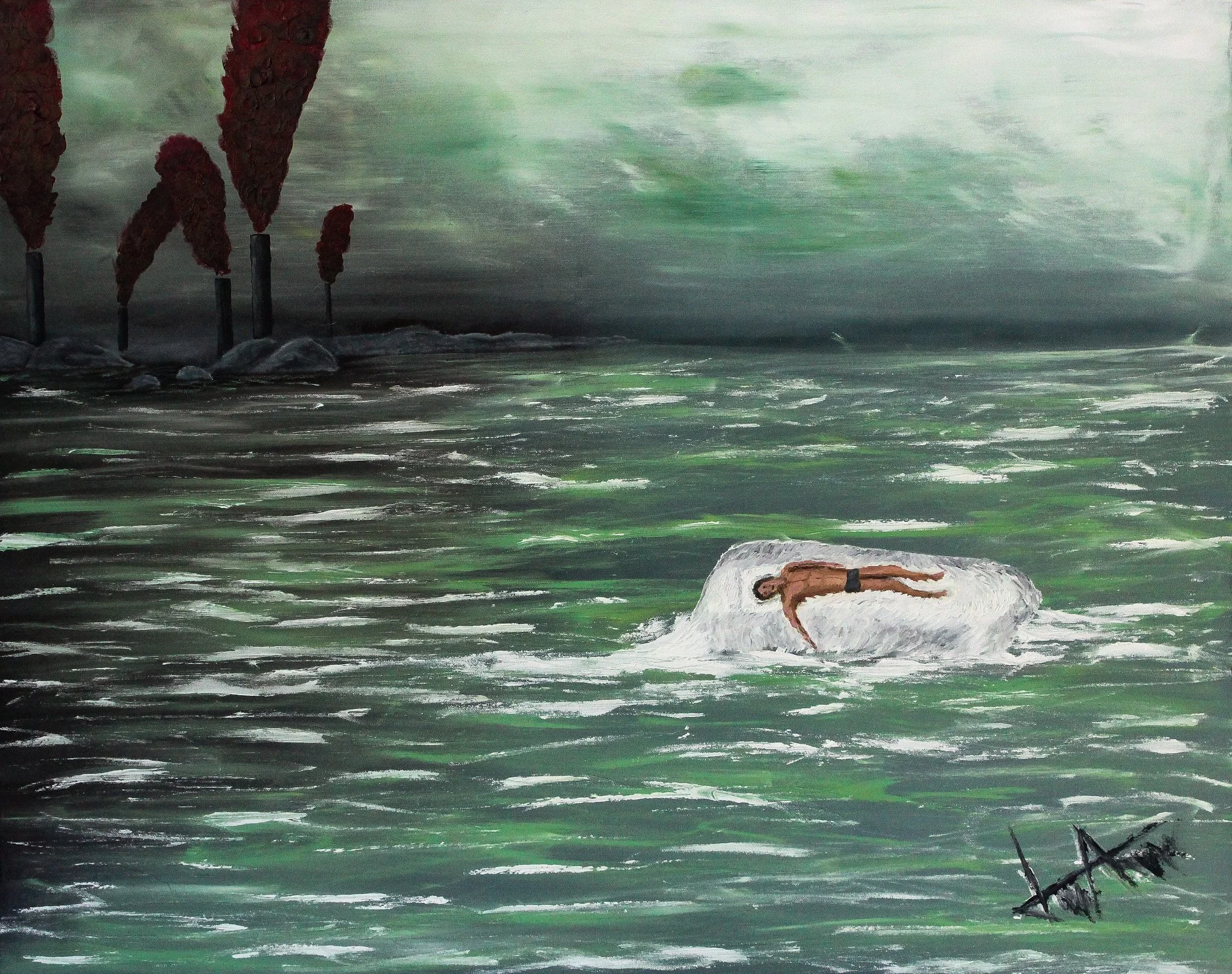 Painting of a man lying on a large bed in a green sea, with a stormy sky and red factory smoke in the background.