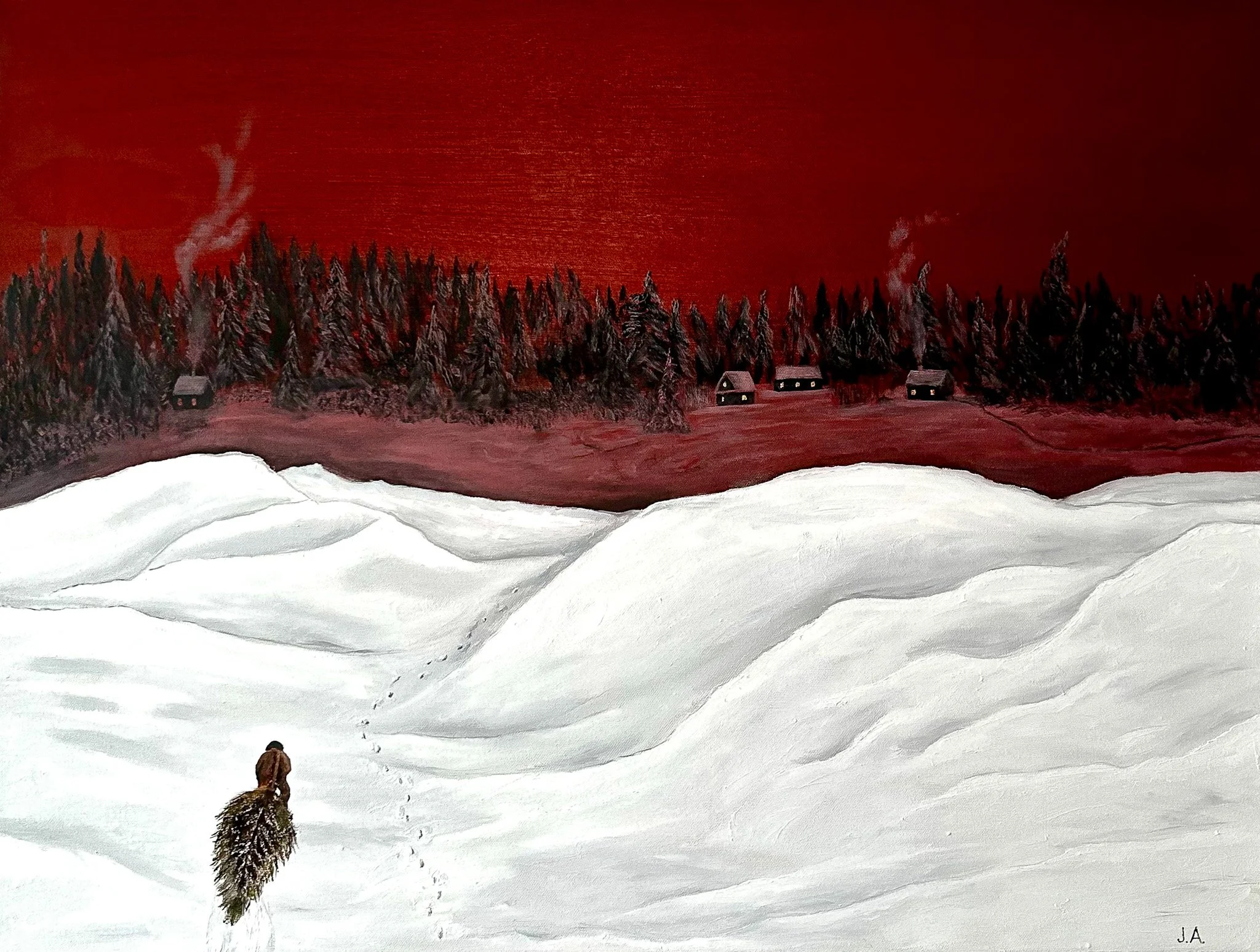 A winter landscape with snow-covered hills in the foreground, a person dressed in winter clothing walking alone, dragging a spruce and a dense forest of spruce trees with smoke rising from chimneys in the background. The sky is a deep red color.