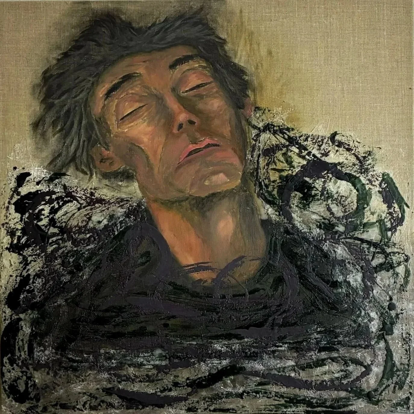 A painting of a man with closed eyes and a pained expression, depicted with textured and expressive brushstrokes, with dark, spiky hair and abstract black and white patterns surrounding his shoulders.