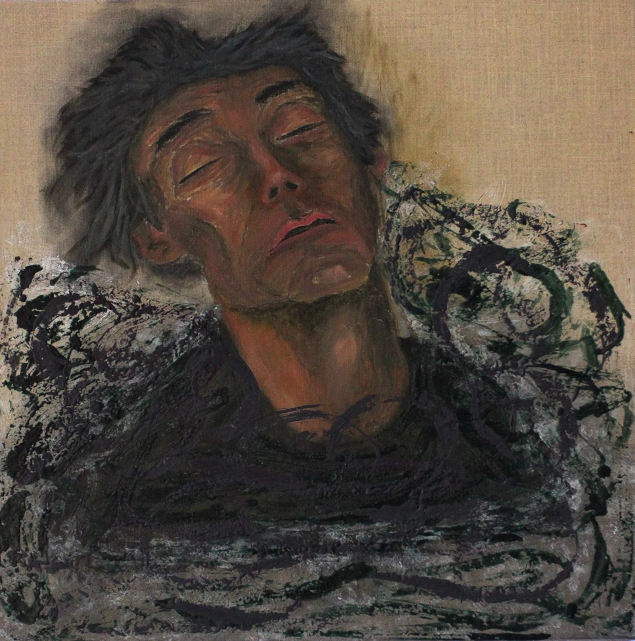 Oil painting of a person with closed eyes against a beige background. The man is surrounded by stormy bursh strokes of different dark colours giving the painting a restless feel.
