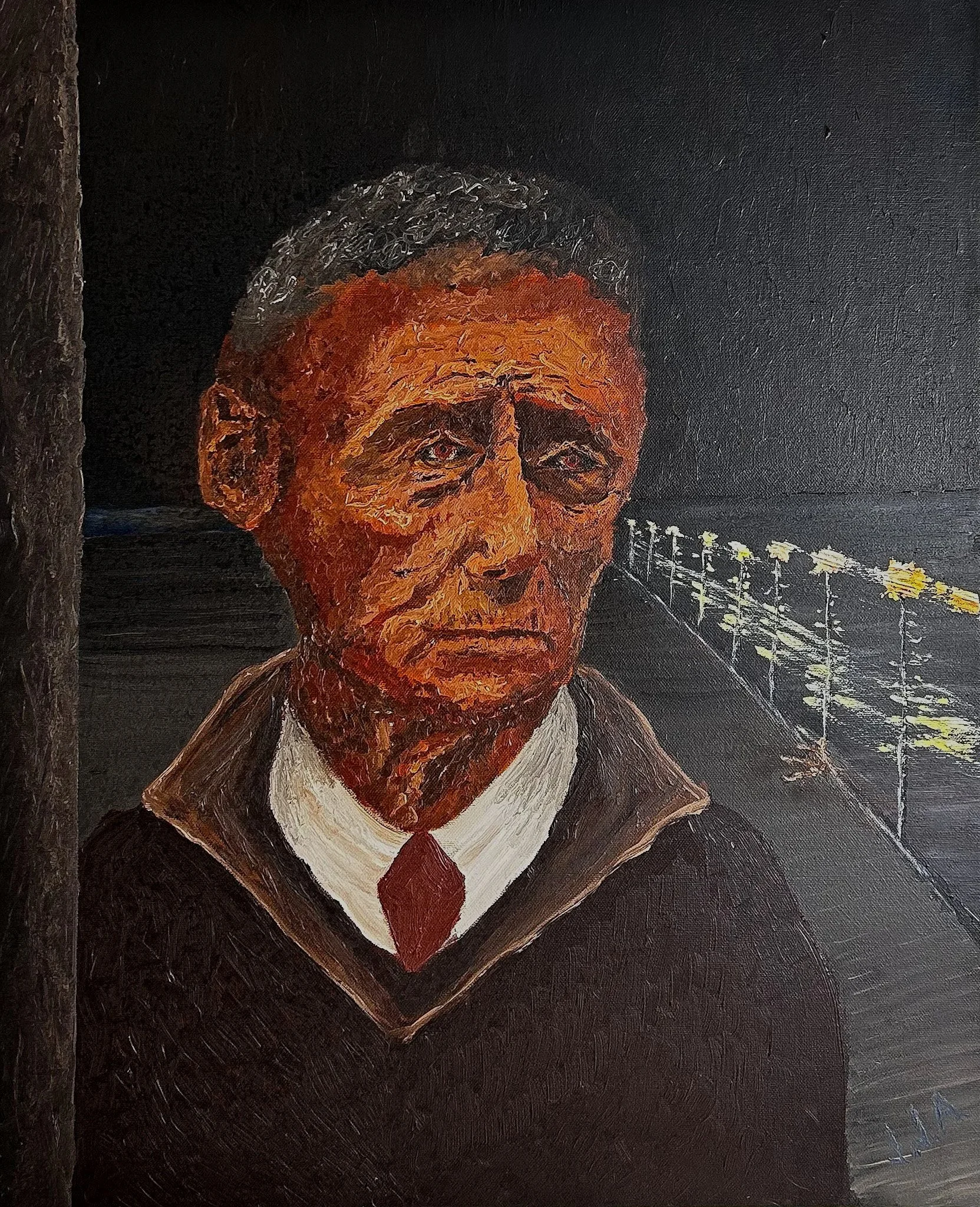 Painting of an elderly man with gray hair, wearing a white shirt, red tie, and black coat, against a dark background with a lit fence of lampposts on the right side.