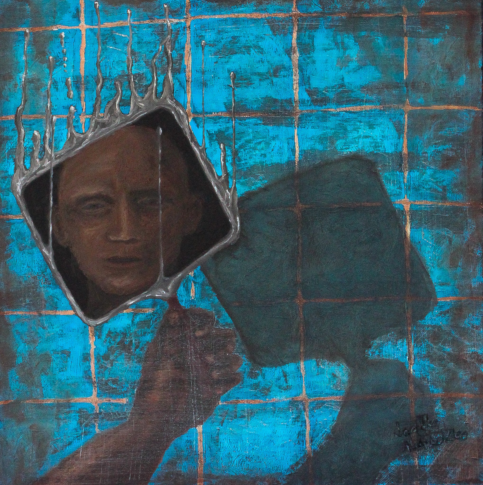 A painting featuring a man holding a mirror in front of his face. The mirror reflects his face and the background consists of a blue tiled pattern with rusty lines. The handheld mirror seams to be melting upward towards the top of the painting.