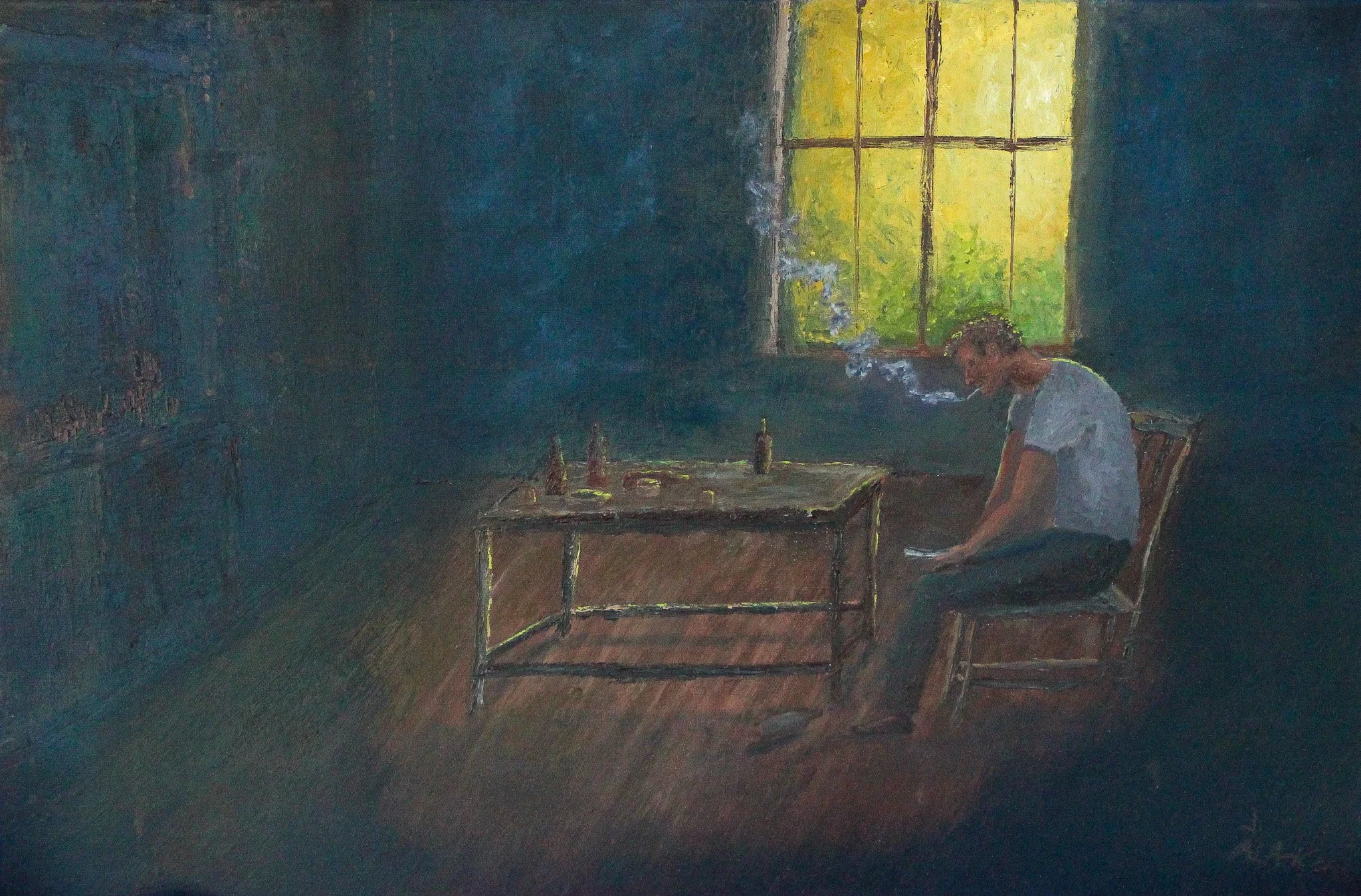 A person sitting alone in a dimly lit room with a window, smoking and looking at a letter, with a table holding empty bottles in front.