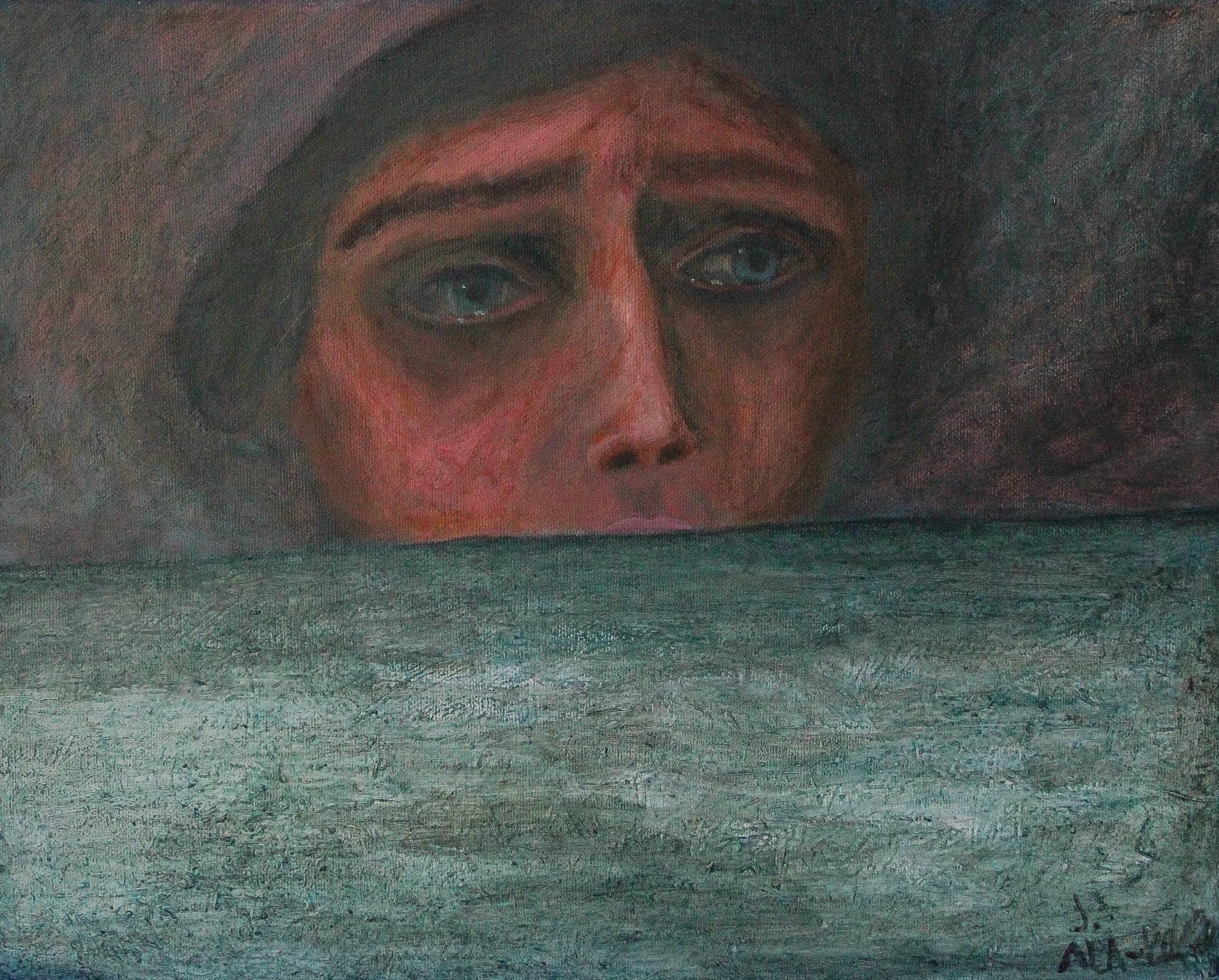 Painting of a woman with blue eyes, dark hair, and a distressed expression, peering over a muddy surface with dark surroundings.