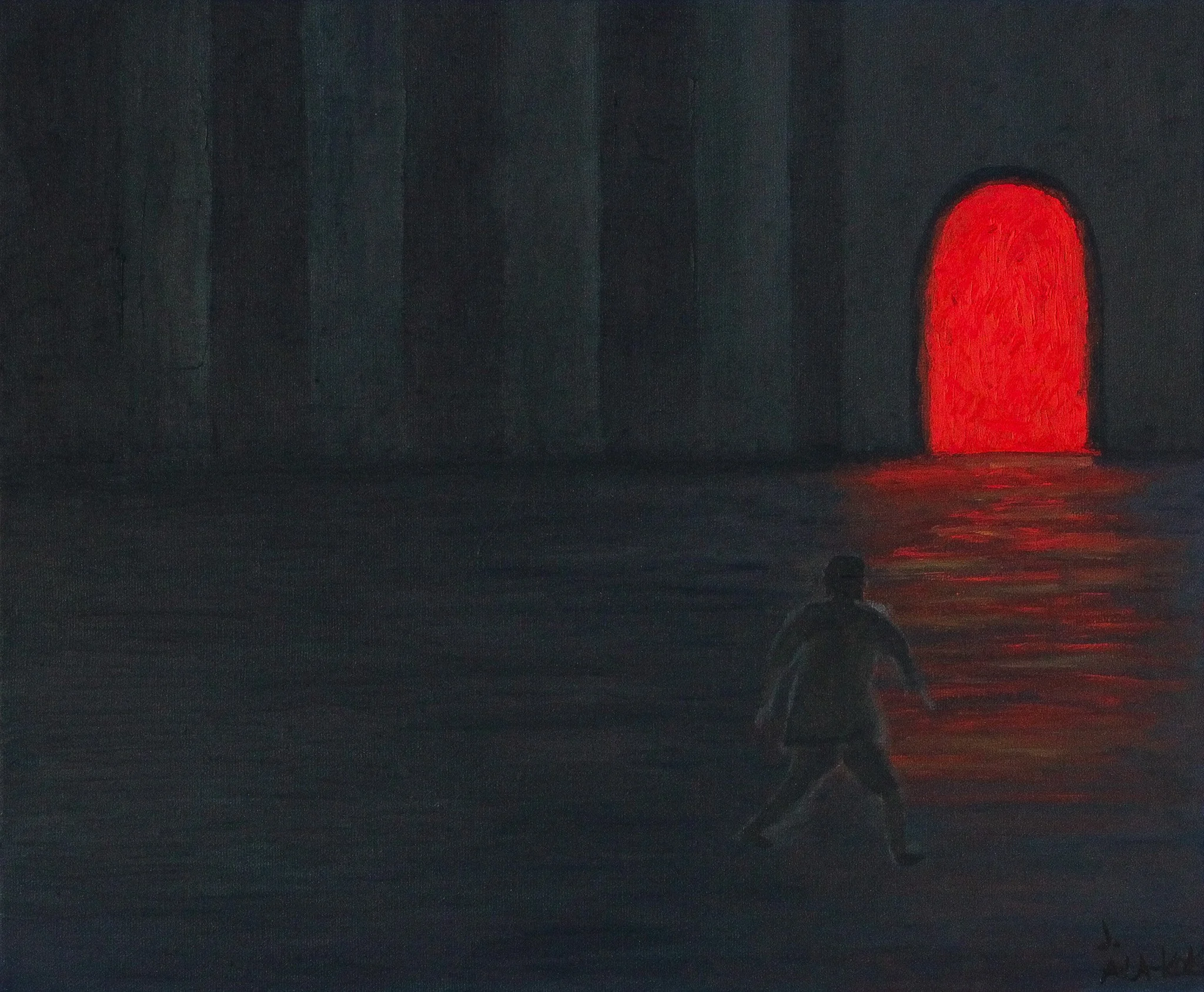 A person walking across a dark hallway towards a large, illuminated red arched door in the distance. The scene is dark and moody with shadows and reflections on the hallway floor.