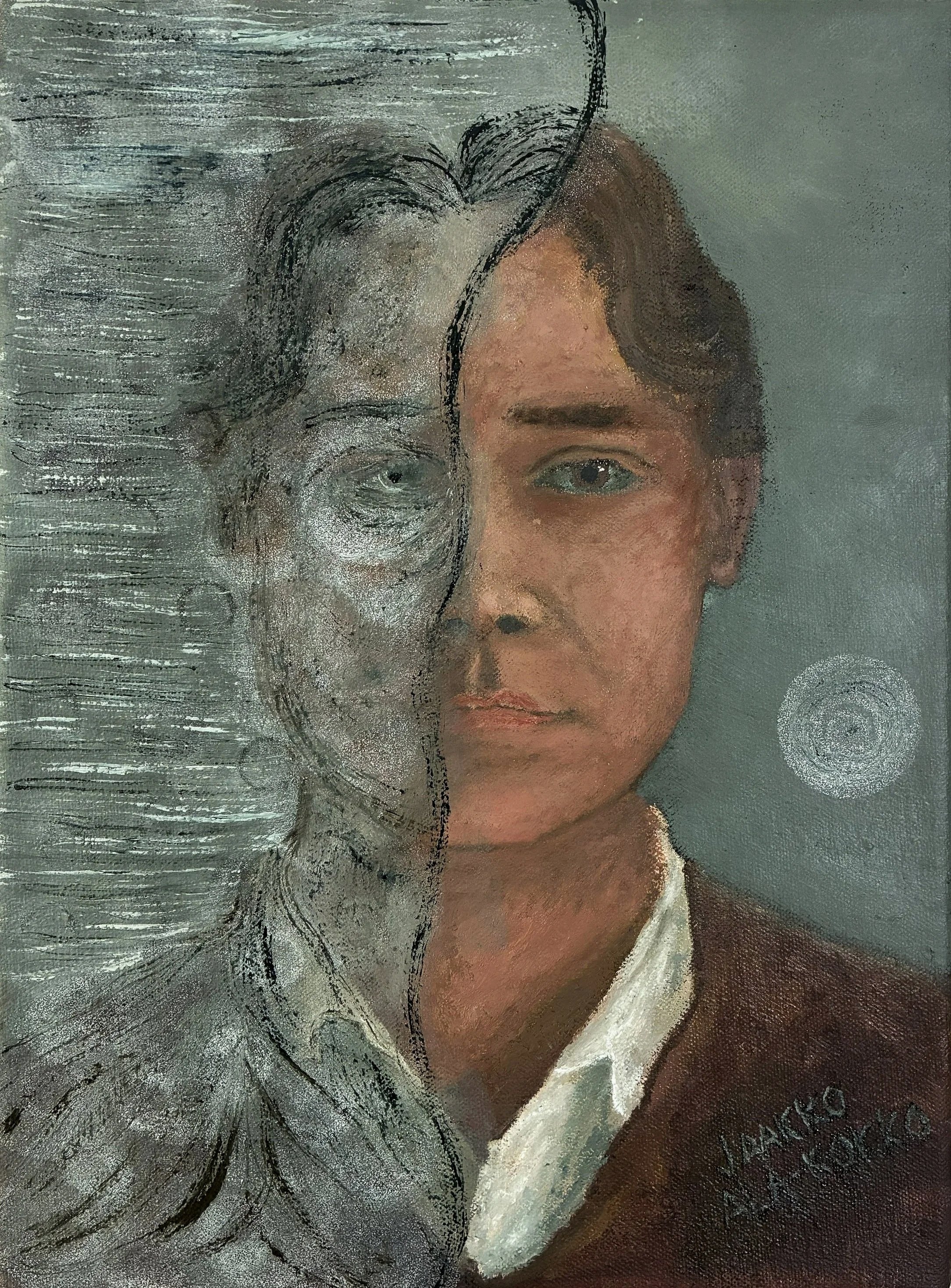 An oil painting of a man with half his face depicted realistically and half under a veil of paint with sketchy lines, giving the appearance of transition from surrealistic to realistic.