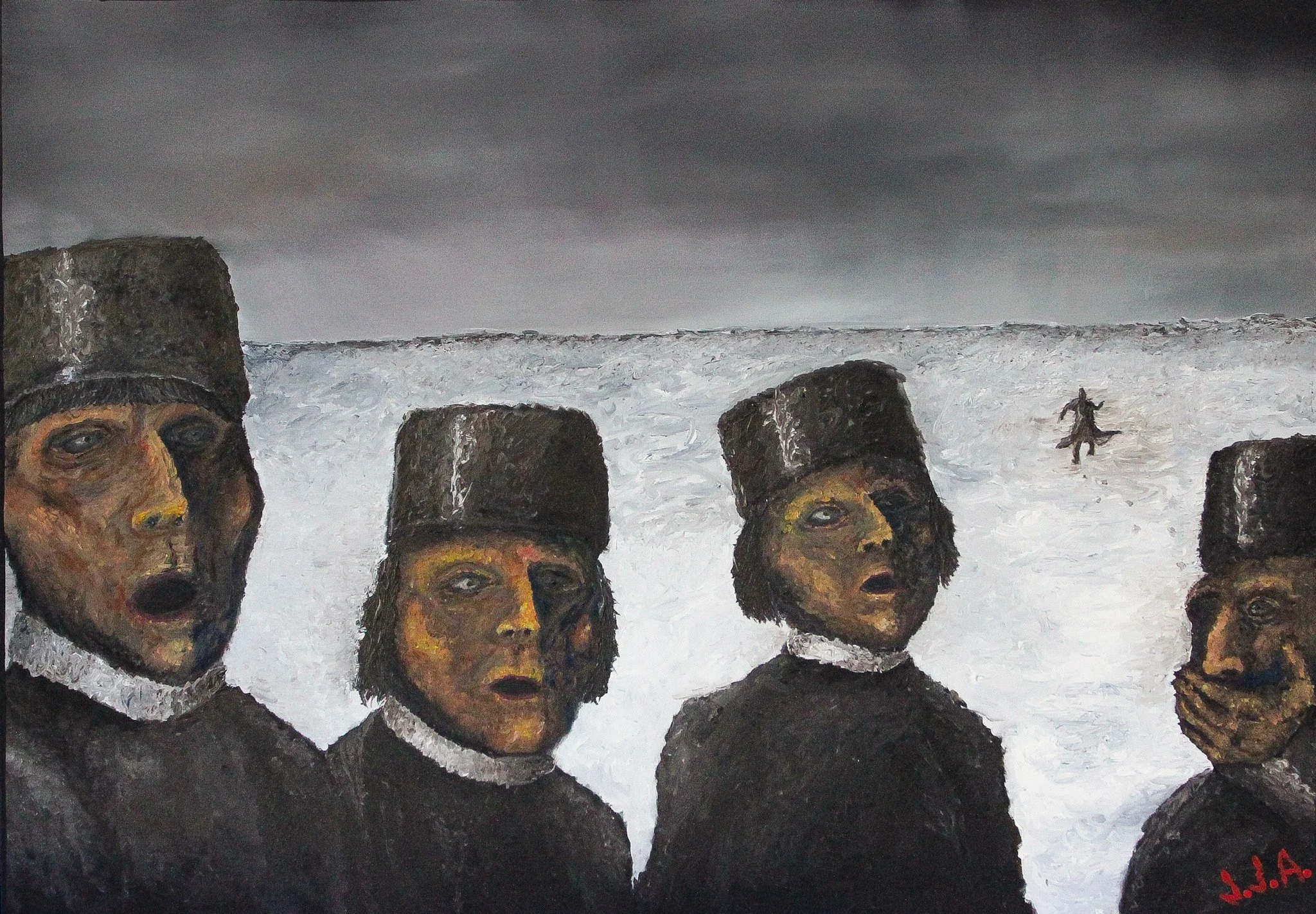 A painting of five figures in black coats and hats in a snowy landscape under a dark, cloudy sky. Four faces are visible, with expressive, slightly abstract features. In the background, a small figure appears to be running in the snow.