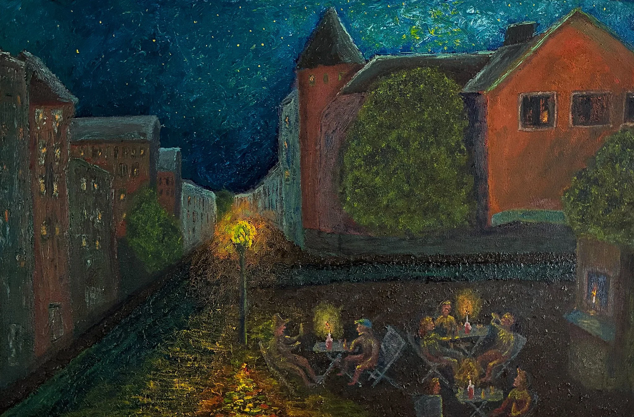 Night scene of outdoor cafe with six people sitting around tables, illuminated by small lamps, on a city street lined with buildings and trees, under a starry sky.
