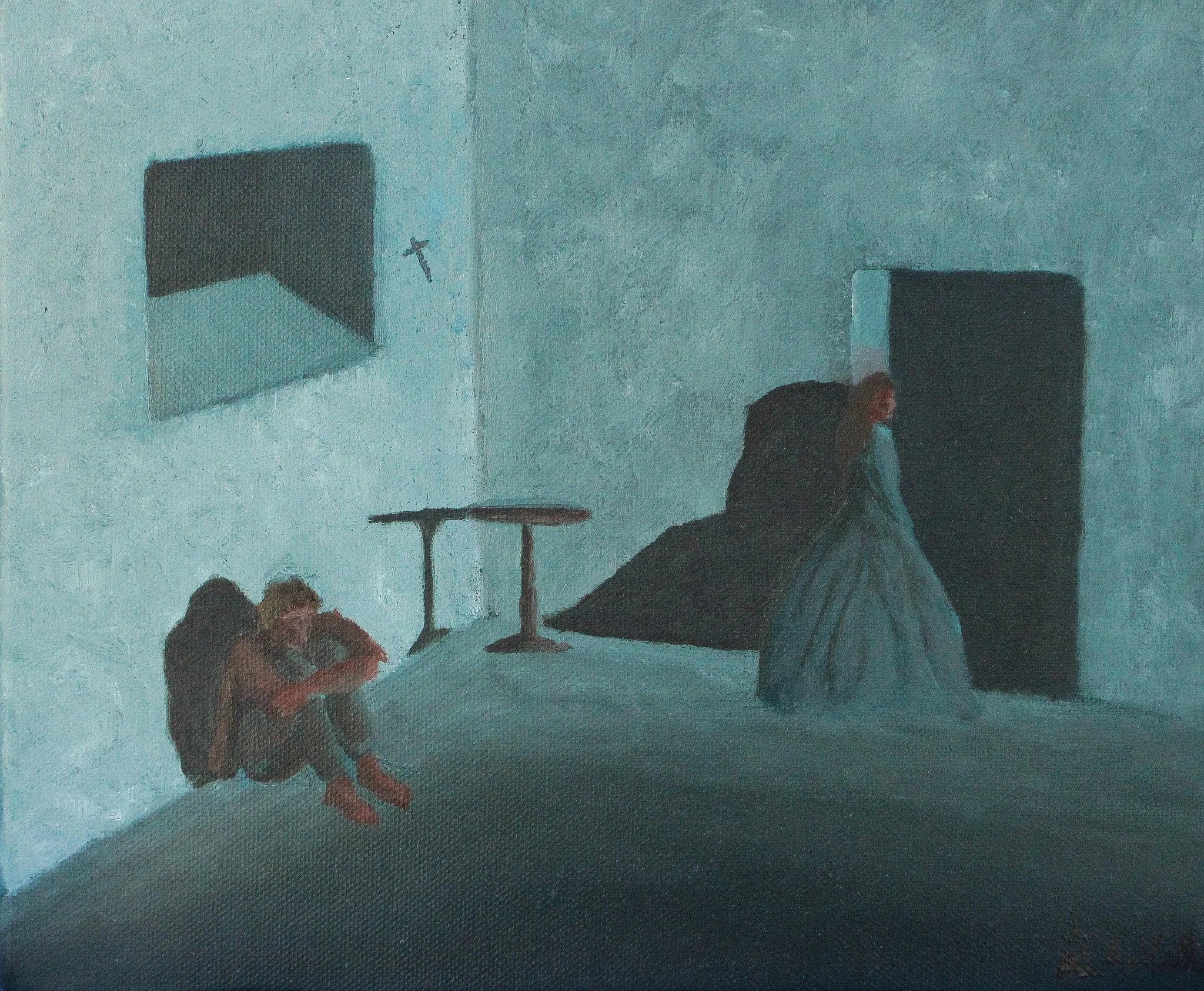 A painting depicting a woman in a long dress leaving a dark room, with a man sitting on the floor against a wall in a prison cell like room with minimalist furniture and muted colors.