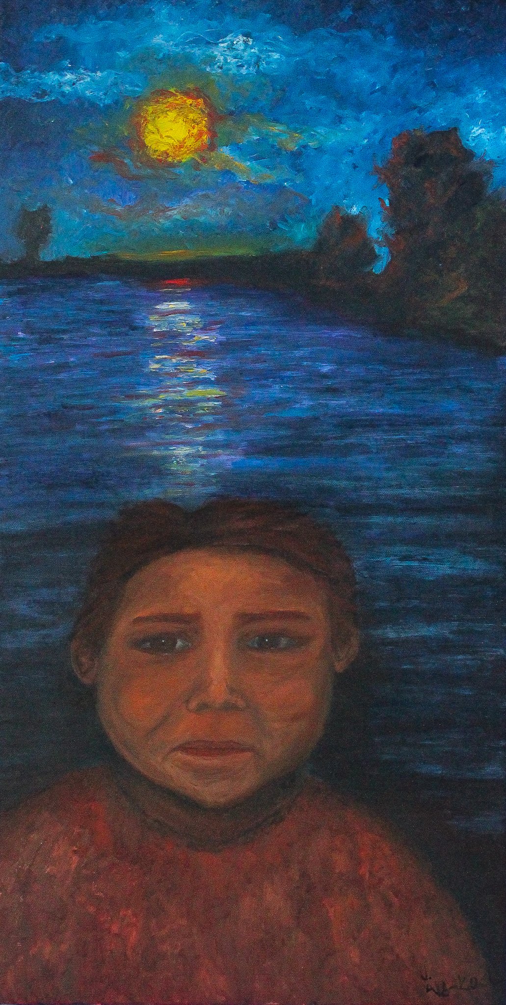 A painting of a child with brown hair and a red shirt, looking directly at the viewer, with a body of water, trees, and a bright yellow moon in the night sky reflected on the water.