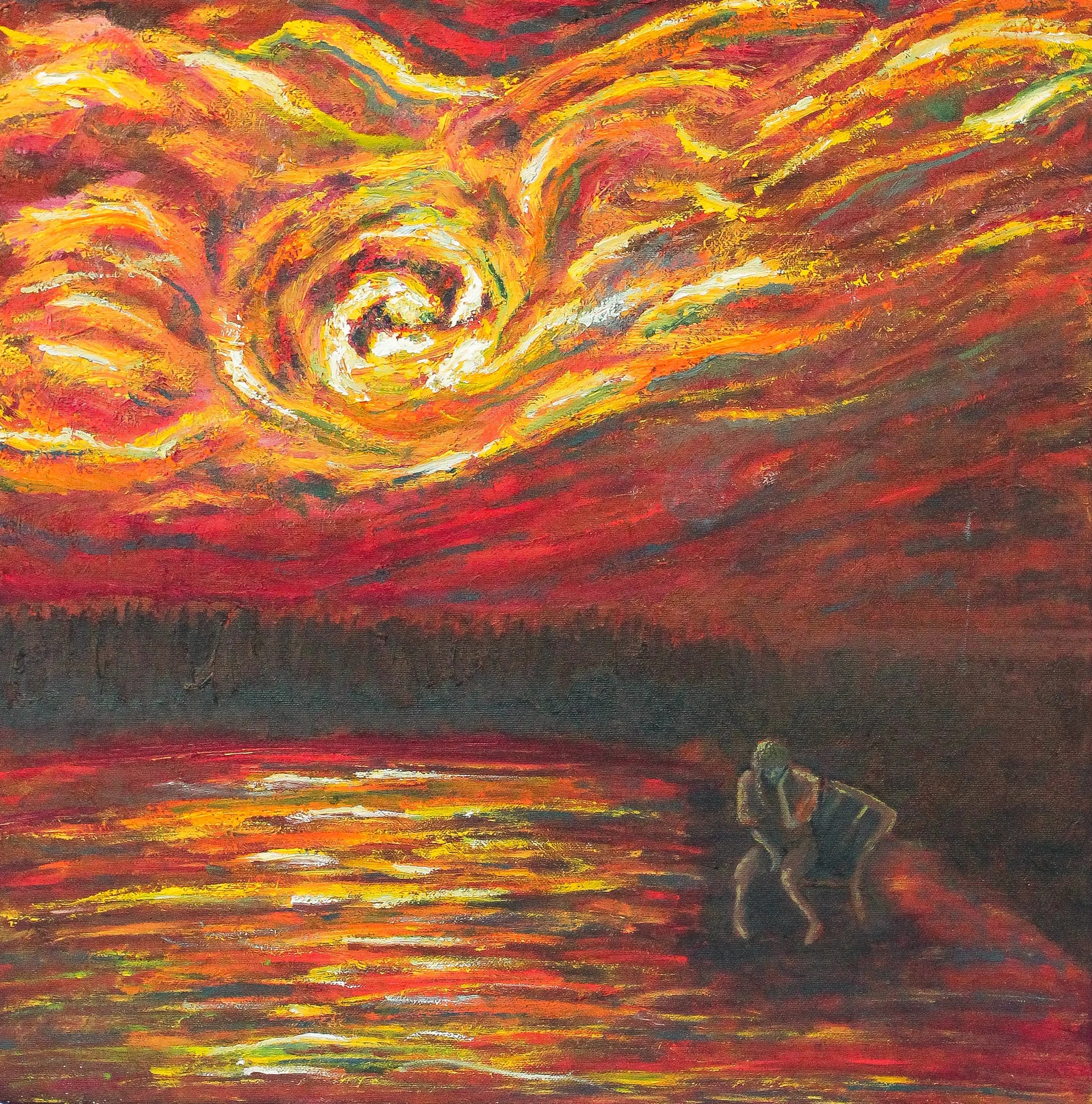 A vibrant, abstract landscape painting with swirling fiery orange, yellow, and red sky reflecting on a vast empty space below. A small figure is crouched on the right side near the right side of the painting.