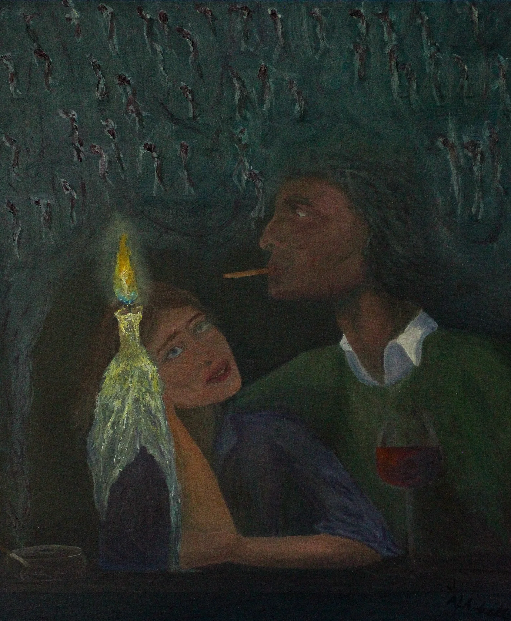 A painting of a woman and a man with dark hair, smoking a cigarette. The woman has blue eyes and is looking up at the man. The background features an abstract pattern of small figures bursting out of the cigarette left on the ashtray.