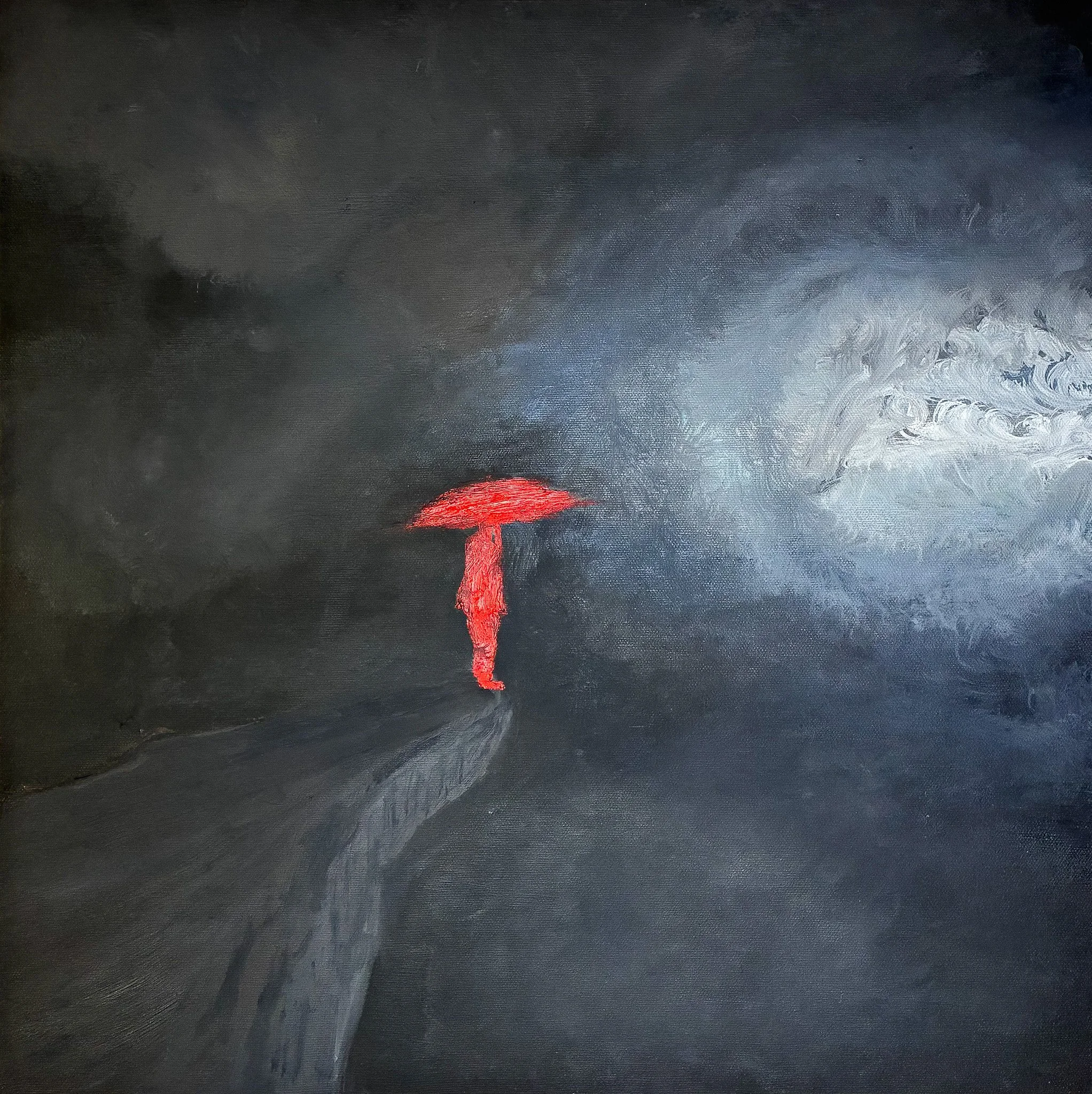 A painting of a red figure holding a red umbrella standing along a dark, winding road under a stormy, gray sky with a burst of light.